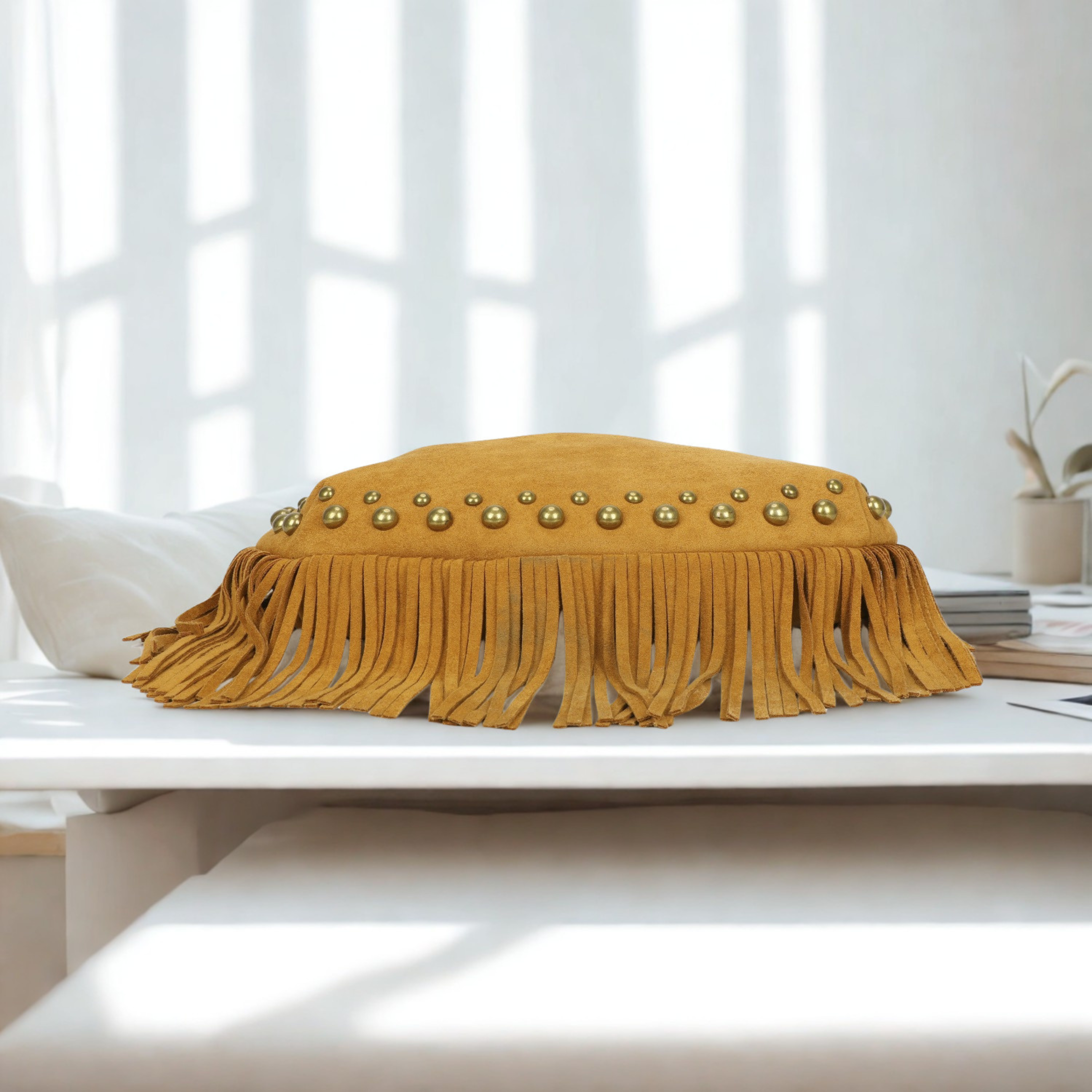 Women’s Suede Effect Studded Tassel Hobo Shoulder Bag – Boho Fringe Handbag with Top Zip Closuret