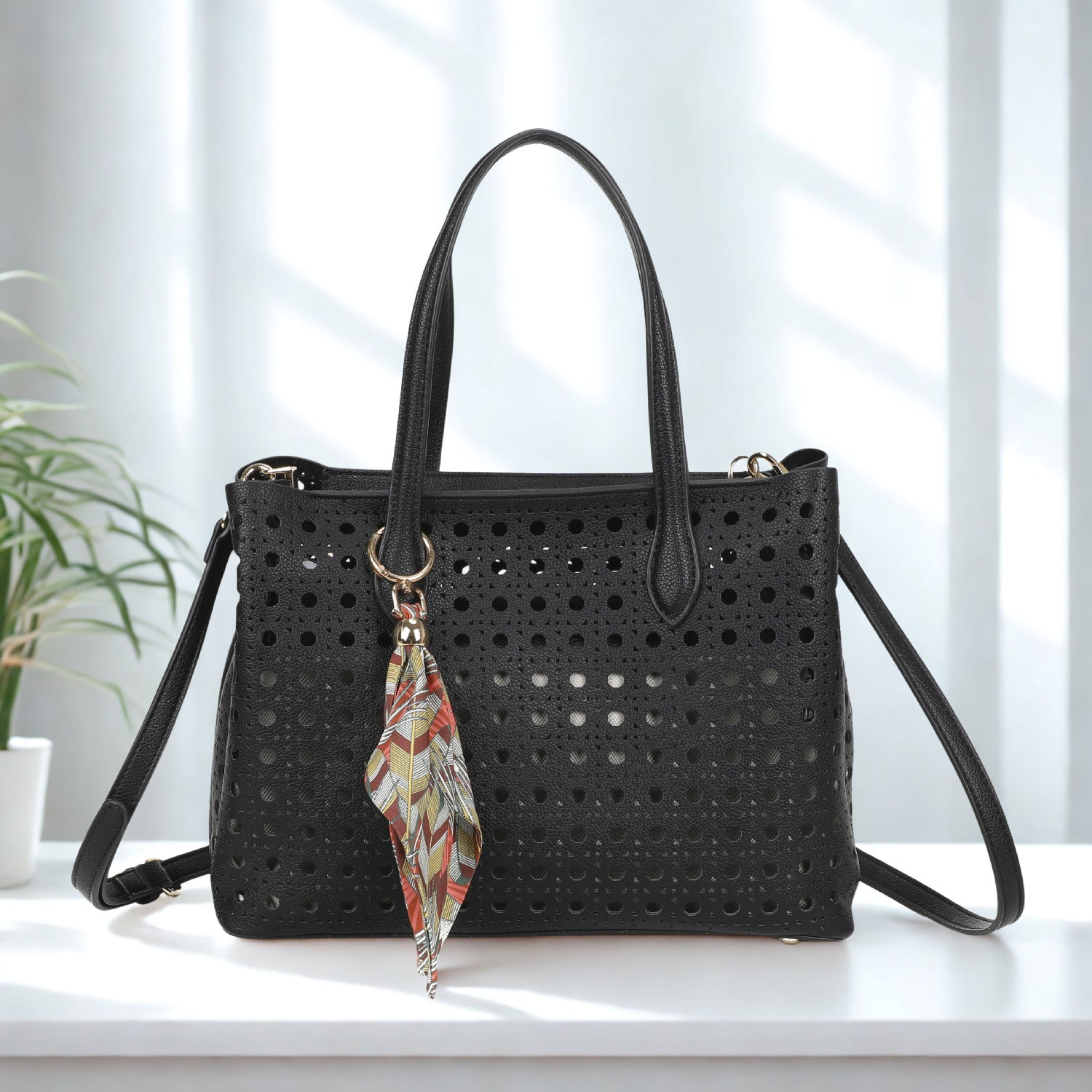 Women’s Laser Cut Tote Bag with Detachable Strap & Scarf Charm