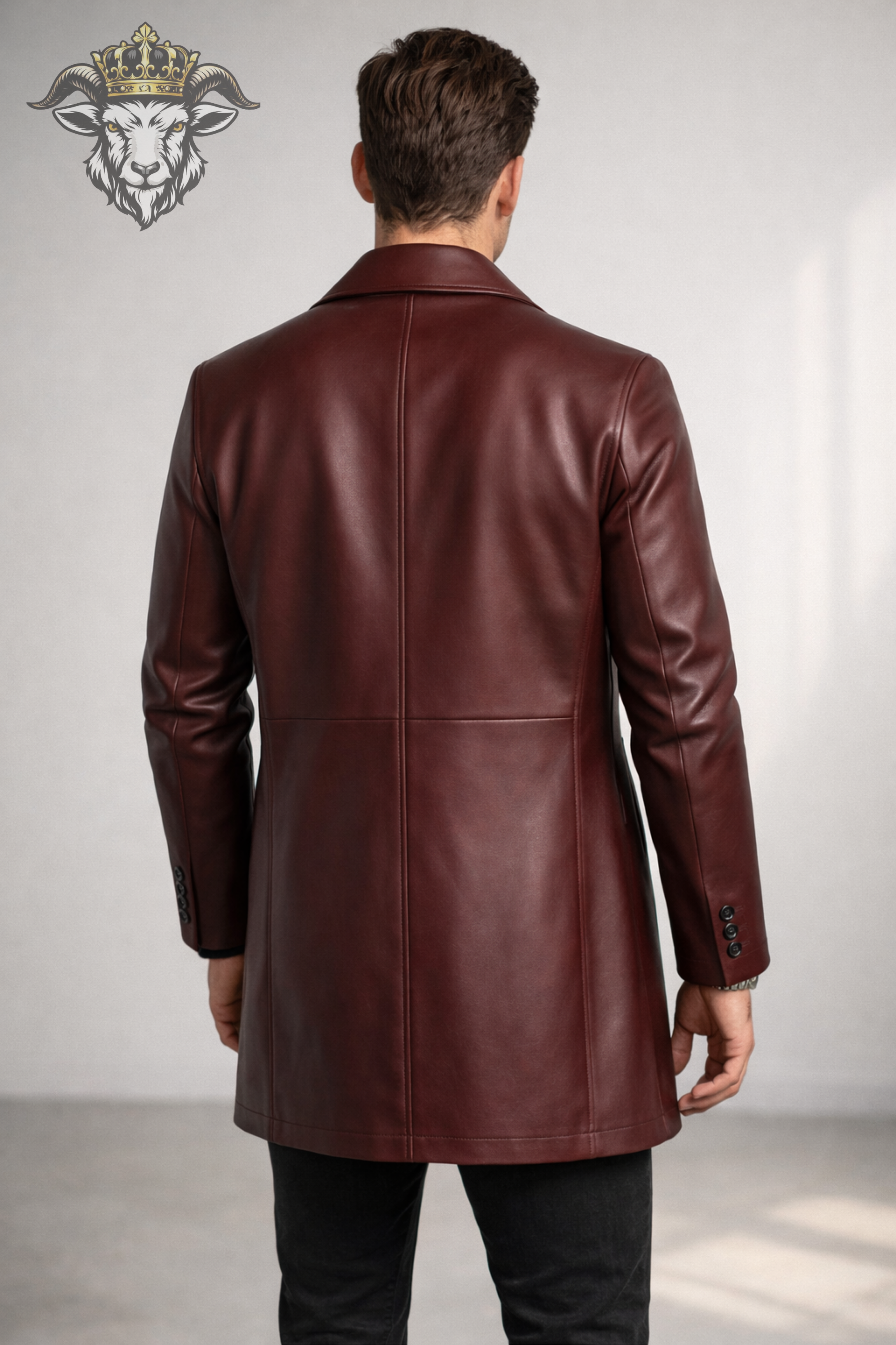Men’s Burgundy Real Leather Coat – Mid-Thigh Length Premium Tailored Overcoat with Wide Lapels & Button Closure