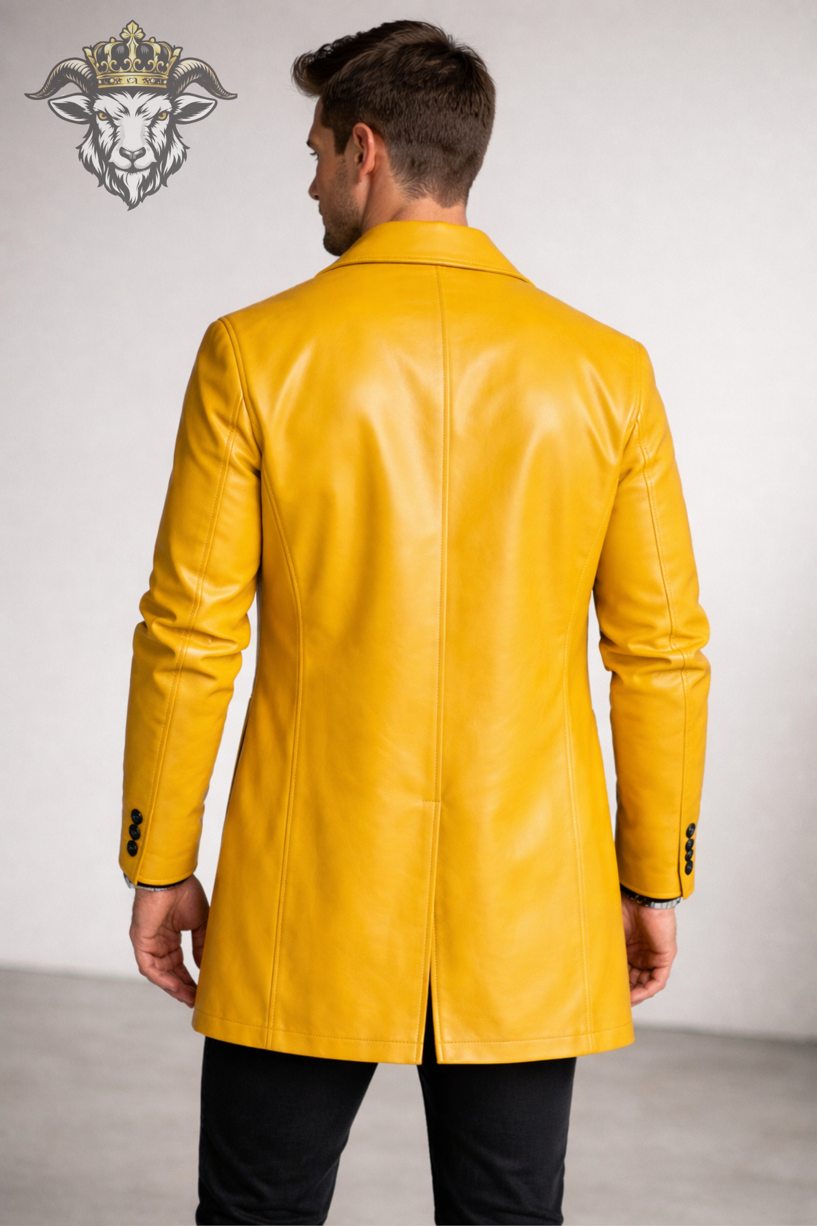 Men’s Yellow Real Leather Coat – Mid Thigh Premium Tailored Leather Jacket with Wide Lapels & Modern Fit