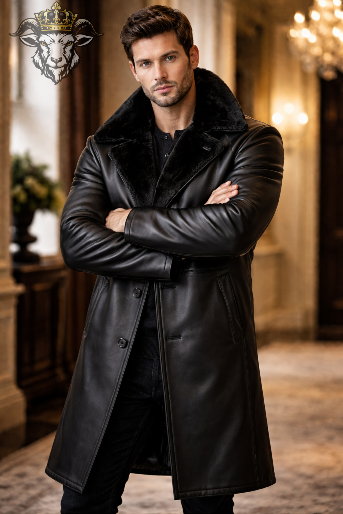 Men Black Real Leather Long Coat Fur Lined Trench Coat Winter Overcoat Button Closure Luxury Mens Leather Jacket