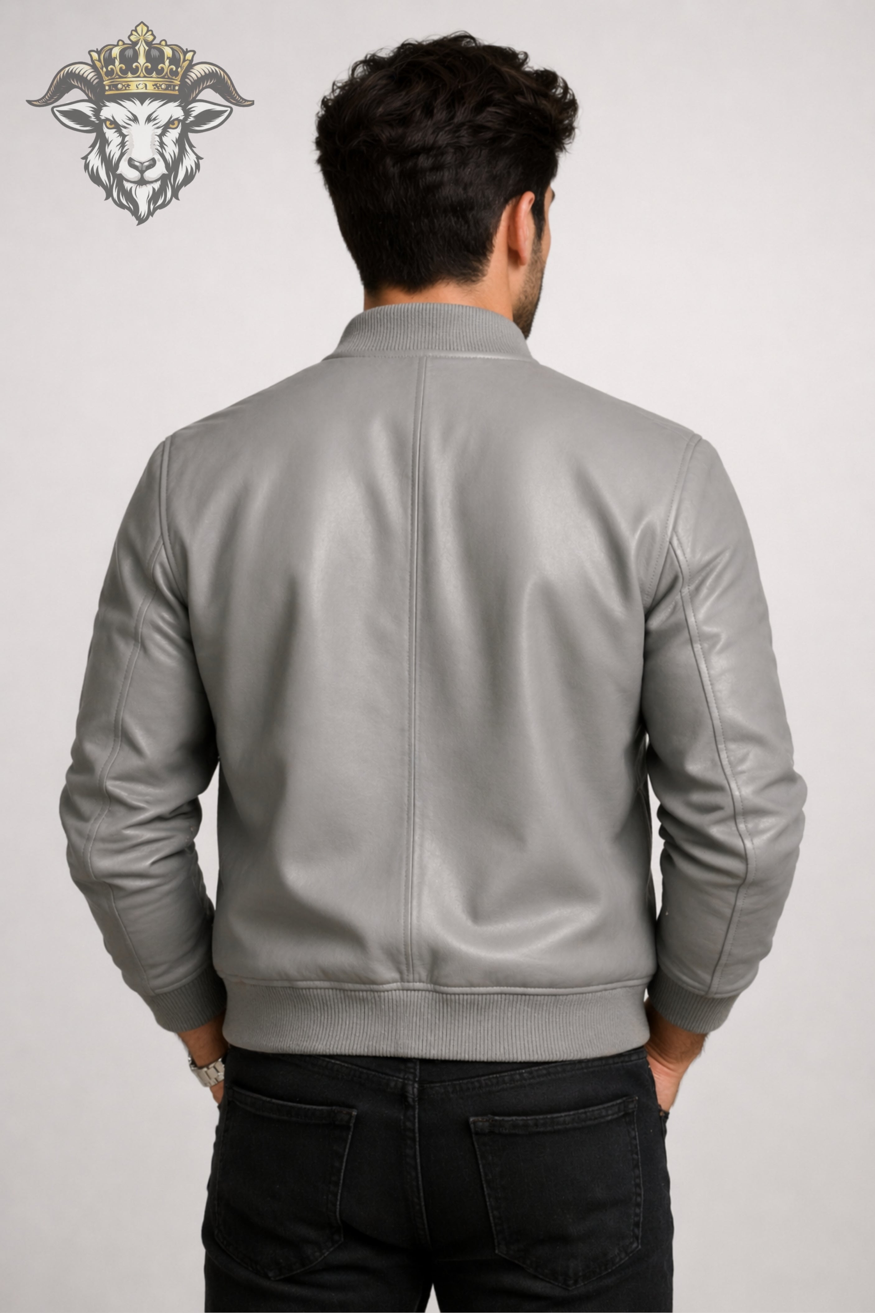 Men’s Light Grey Real Leather Bomber Jacket