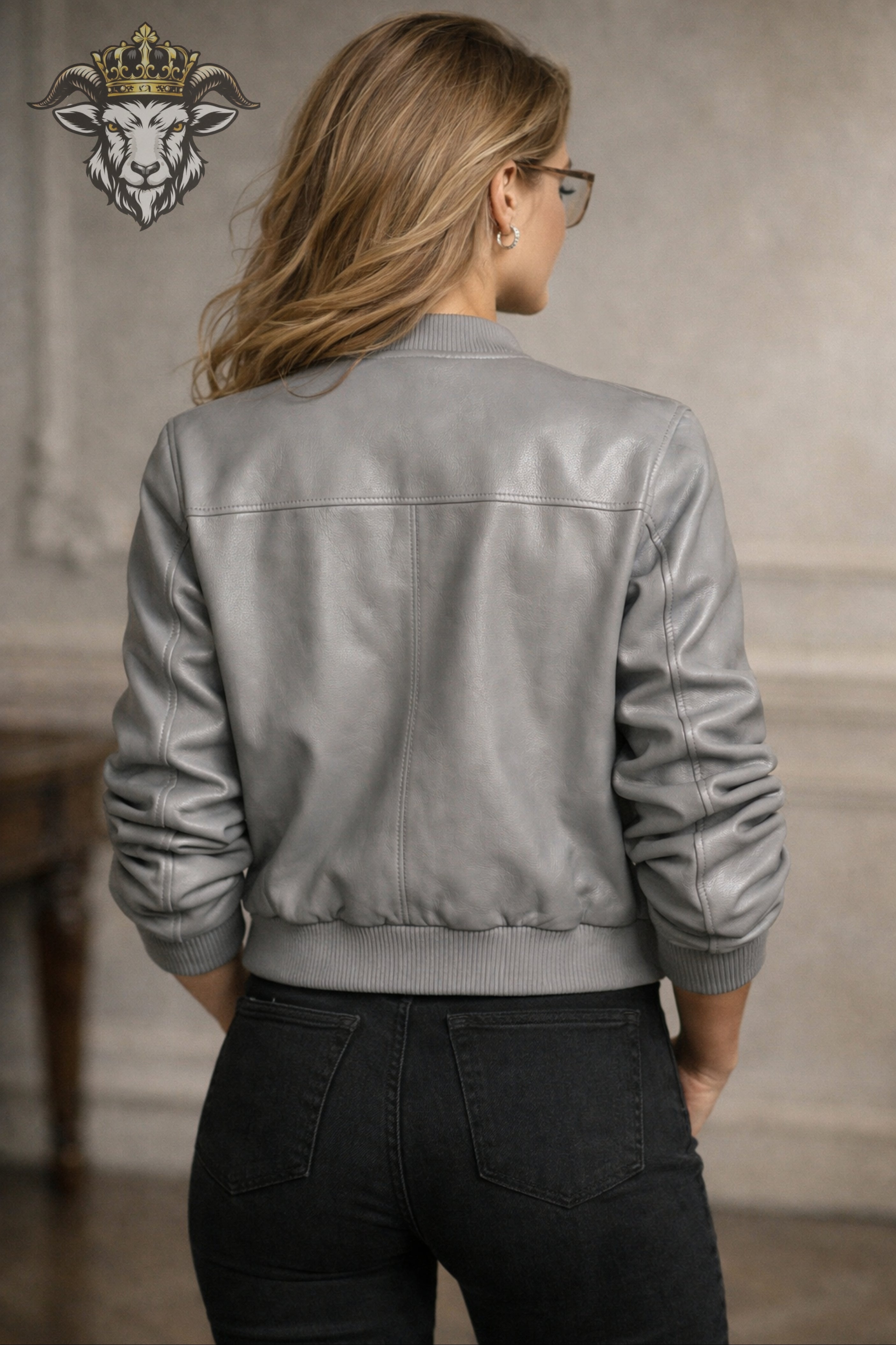 Women’s Light Grey Real Leather Bomber Jacket