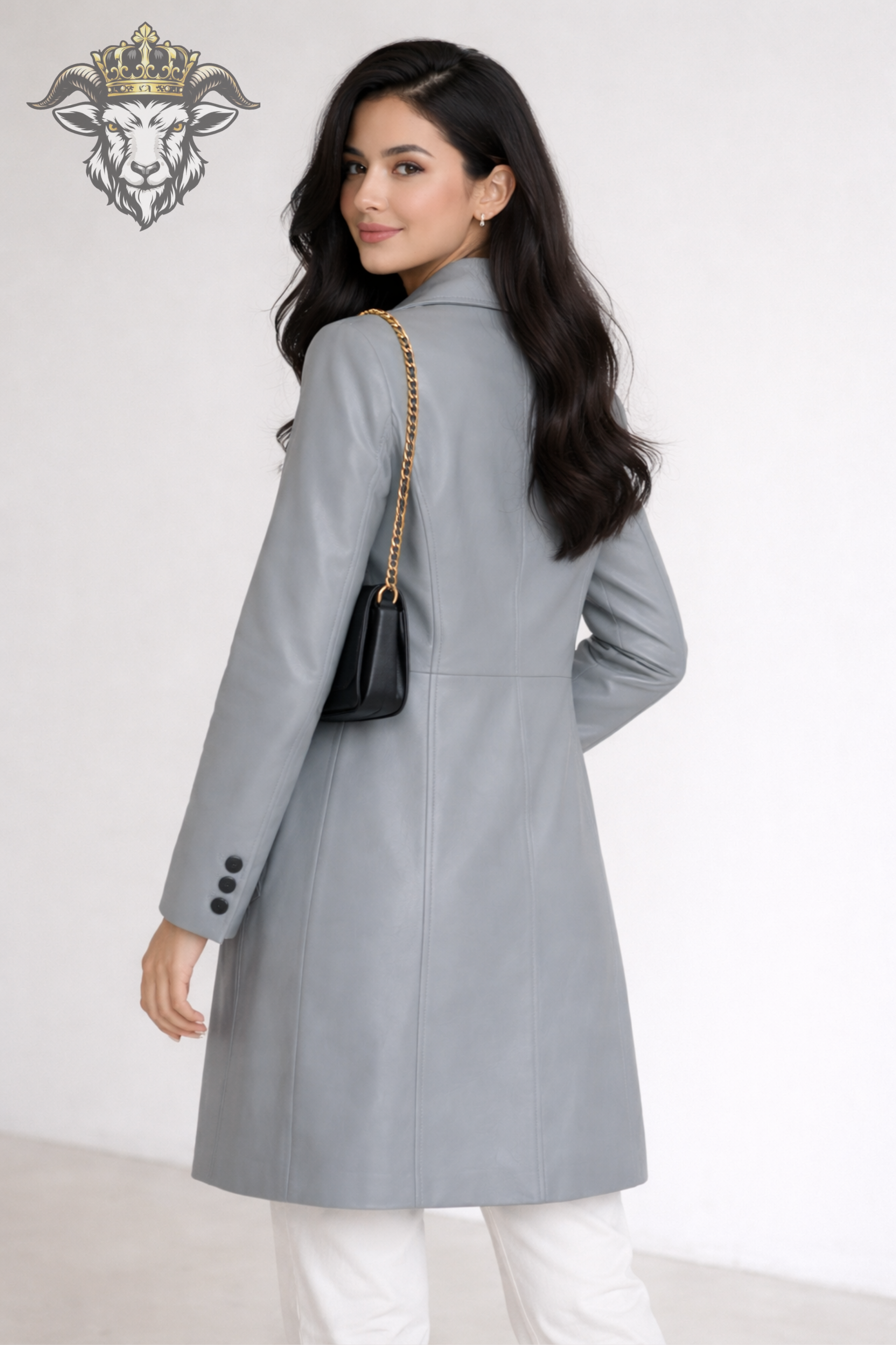 Women’s Gray Real Leather Mid-Length Coat