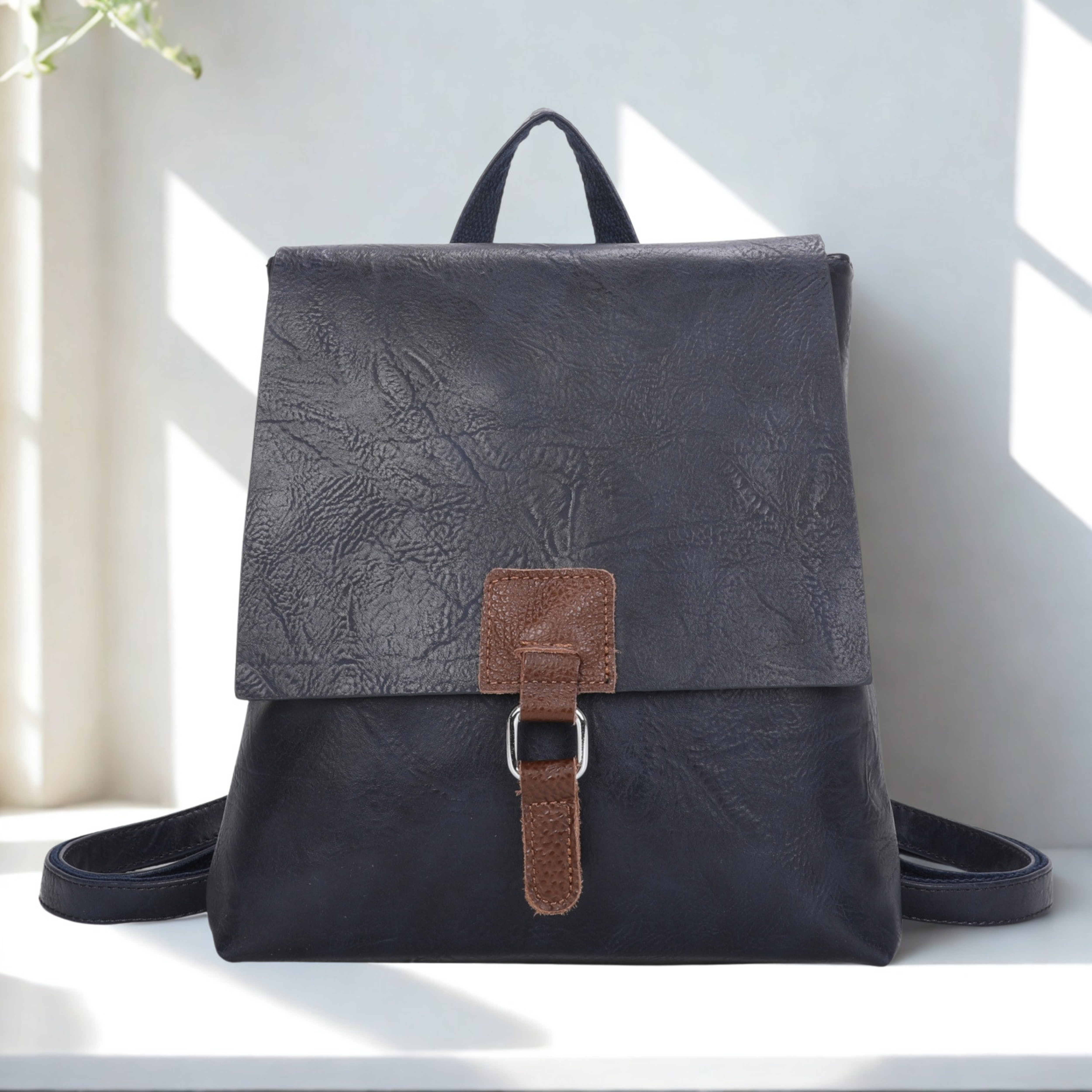 Ladies Flap Over Backpack Handbag, Synthetic Leather Trim Rucksack Shoulder Bag