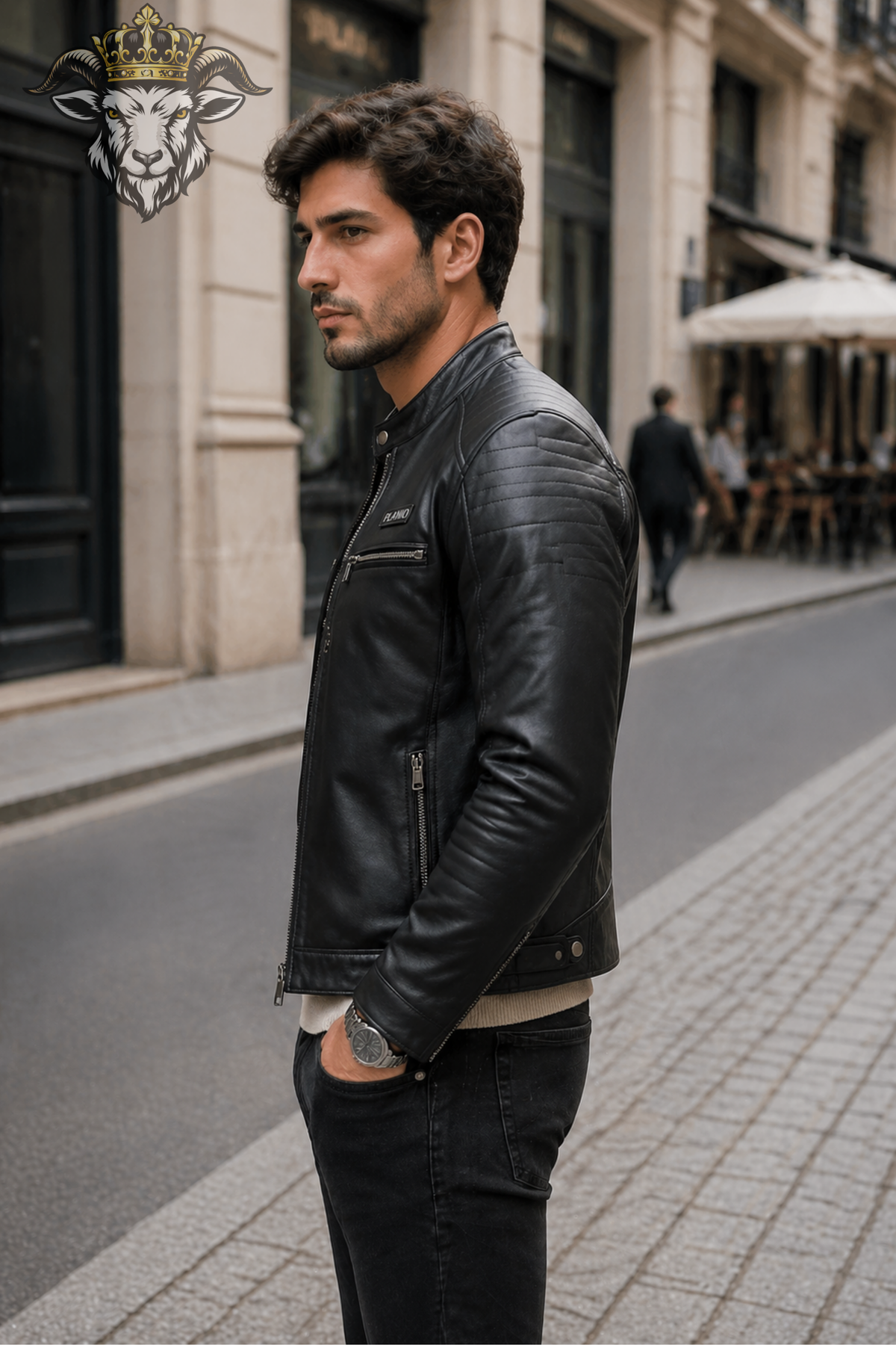 Men's Black Leather Moto Jacket – Slim Fit Biker Jacket with Quilted Shoulders & Zipper Pockets
