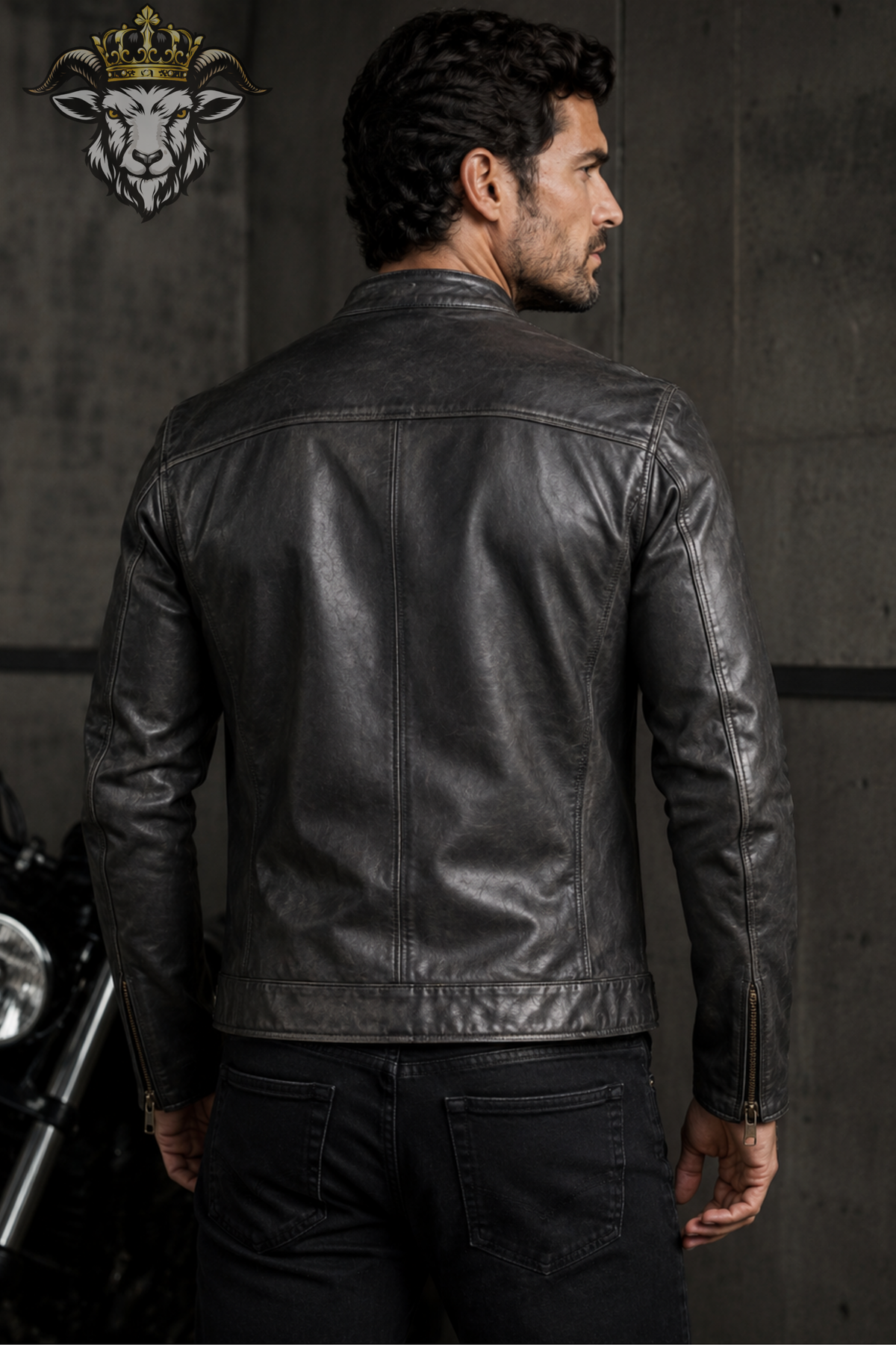 Men's Dark Gray Real Leather Biker Jacket, Slim Fit Motorcycle Jacket, Mandarin Collar Moto Jacket, Men's Gray Leather Coat