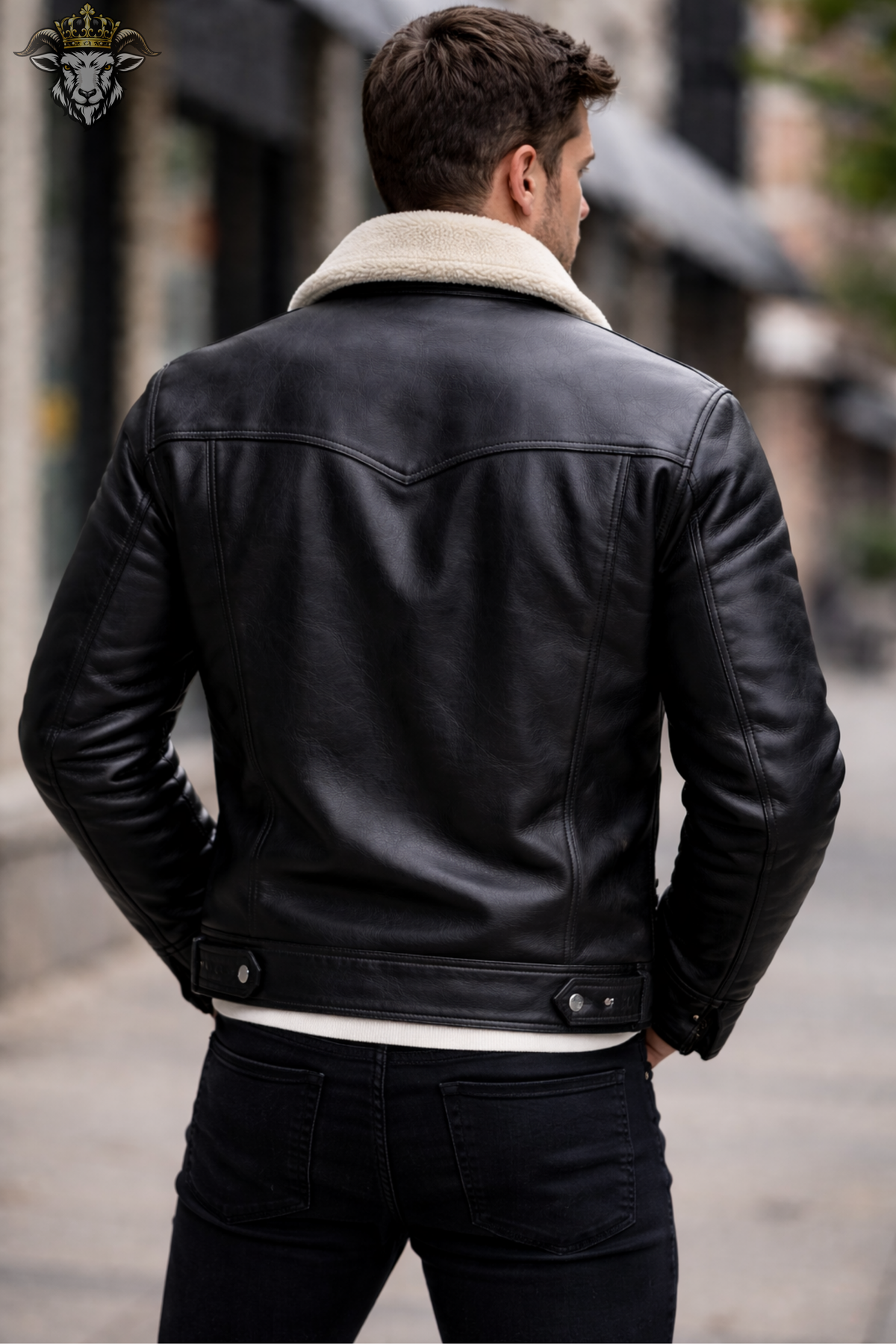 Men’s Black Sheepskin Leather Jacket, Shearling Collar Trucker Jacket, Real Leather Winter Coat, Button Front Biker Style Jacket