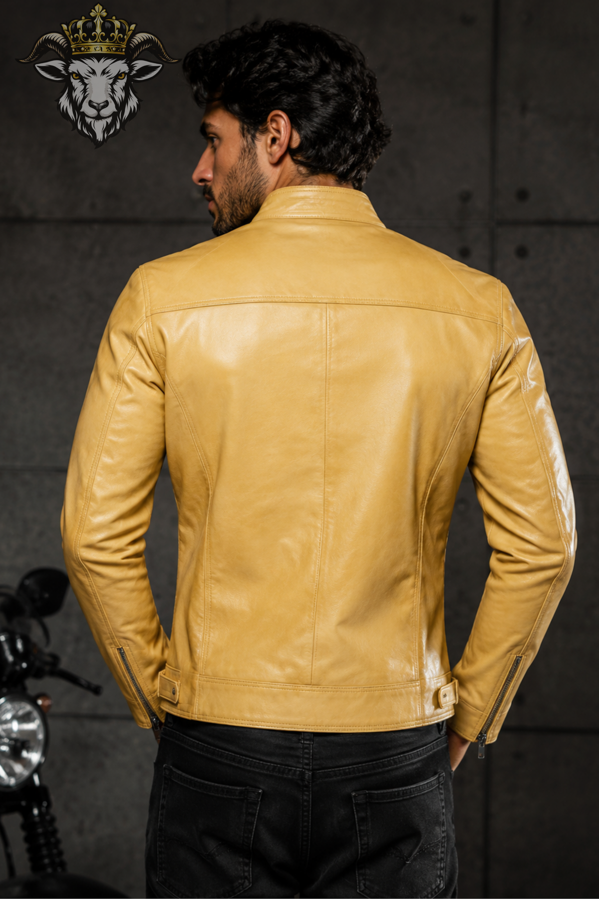 Men's Yellow Real Leather Biker Jacket, Slim Fit Motorcycle Jacket, Stand Collar Moto Jacket, Men's Yellow Leather Coat