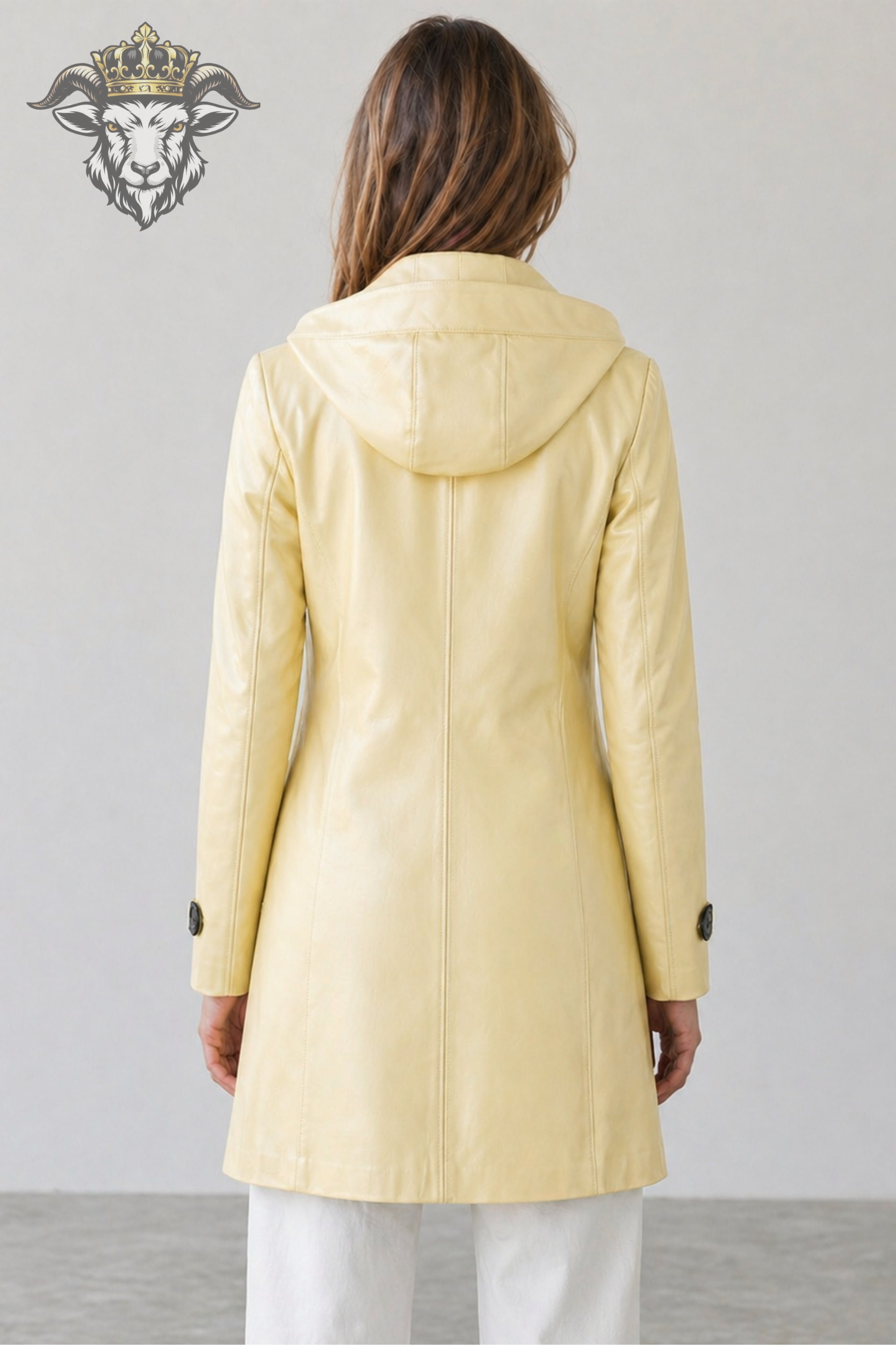 Women’s Pale Yellow Real Leather Hooded Coat