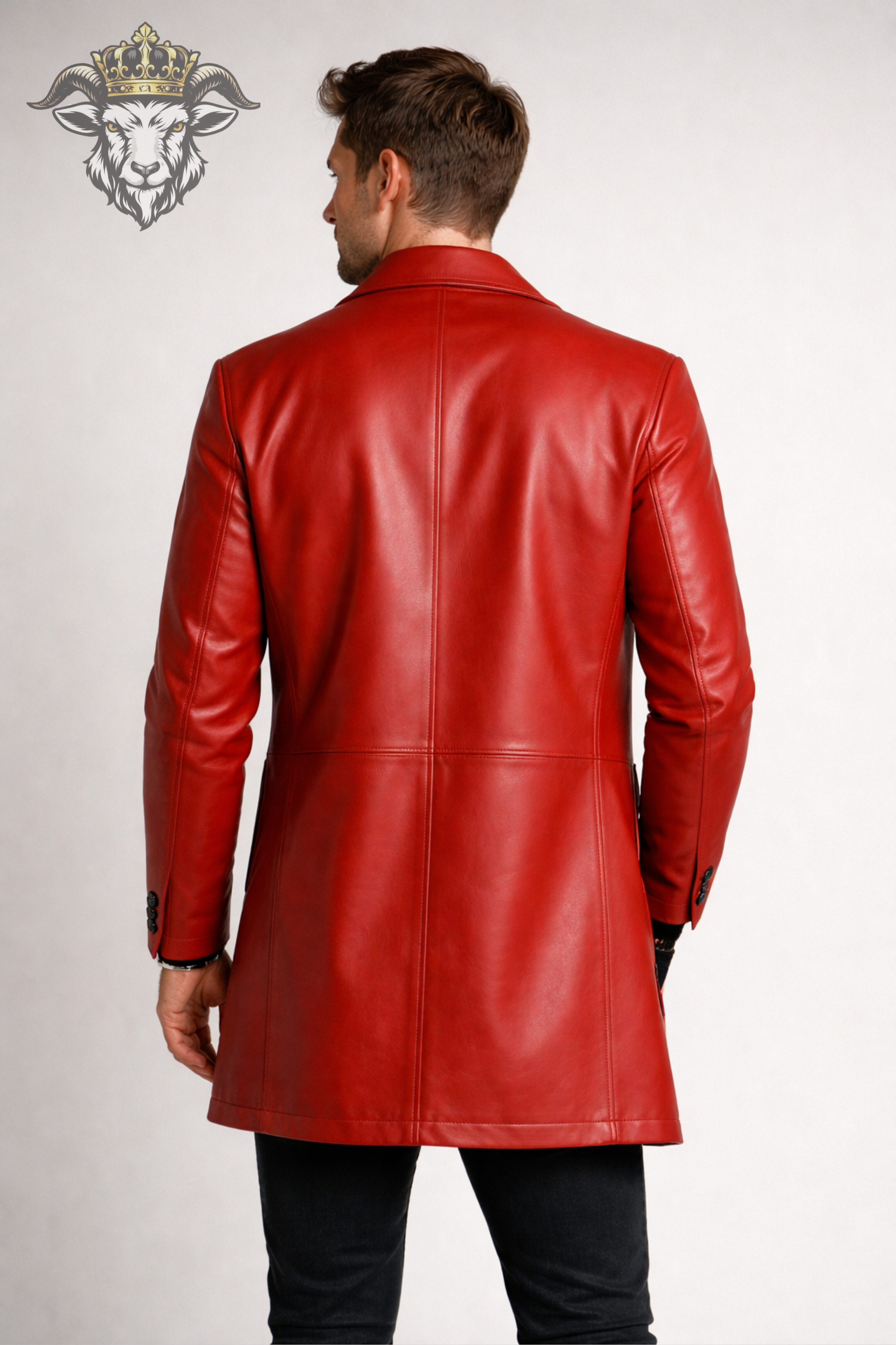 Men’s Red Real Leather Coat – Mid-Thigh Length Premium Matte Leather Jacket with Wide Lapel & Tailored Fit