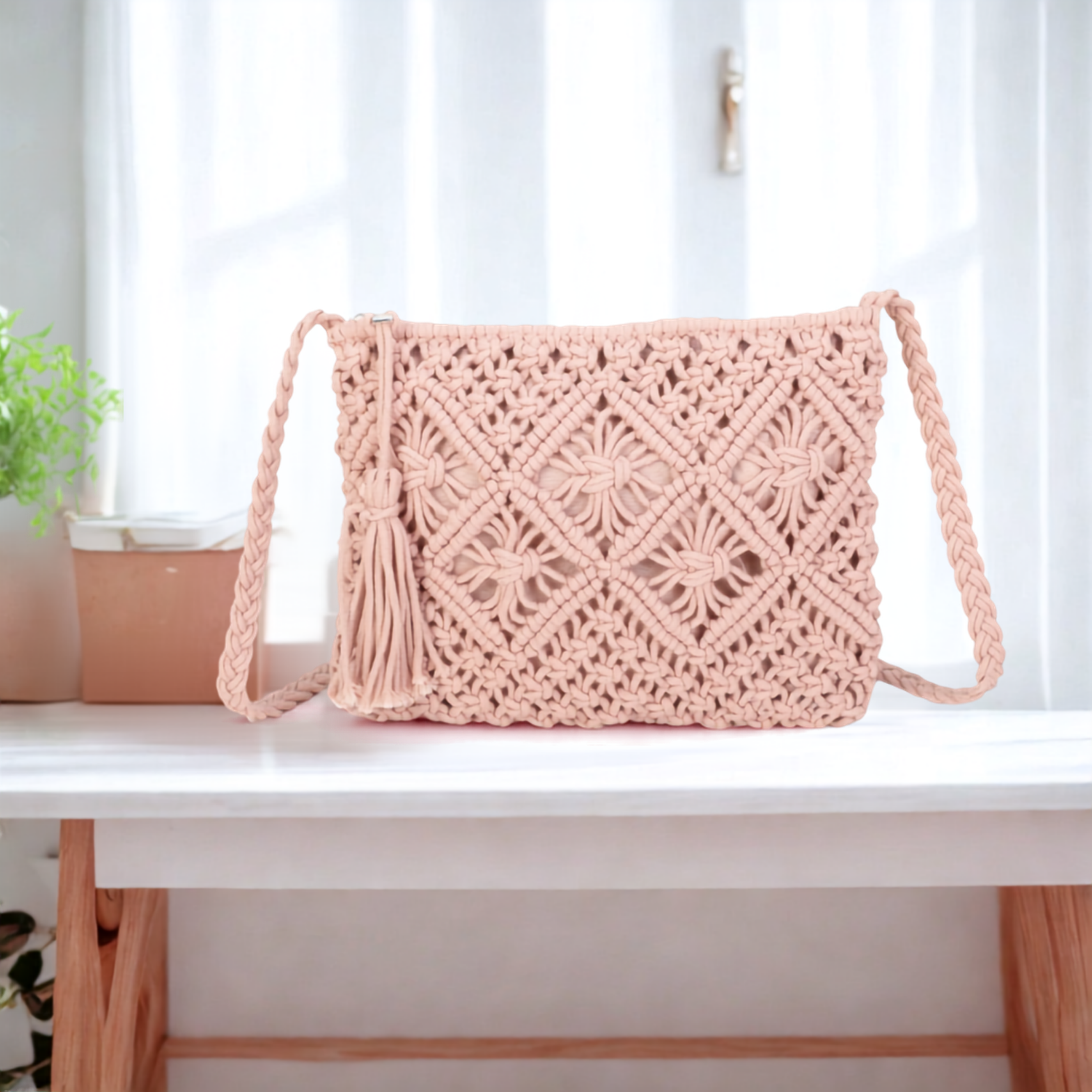 Women’s Knitted Crochet Crossbody Bag – Synthetic Top Zip Shoulder Bag with Long Strap