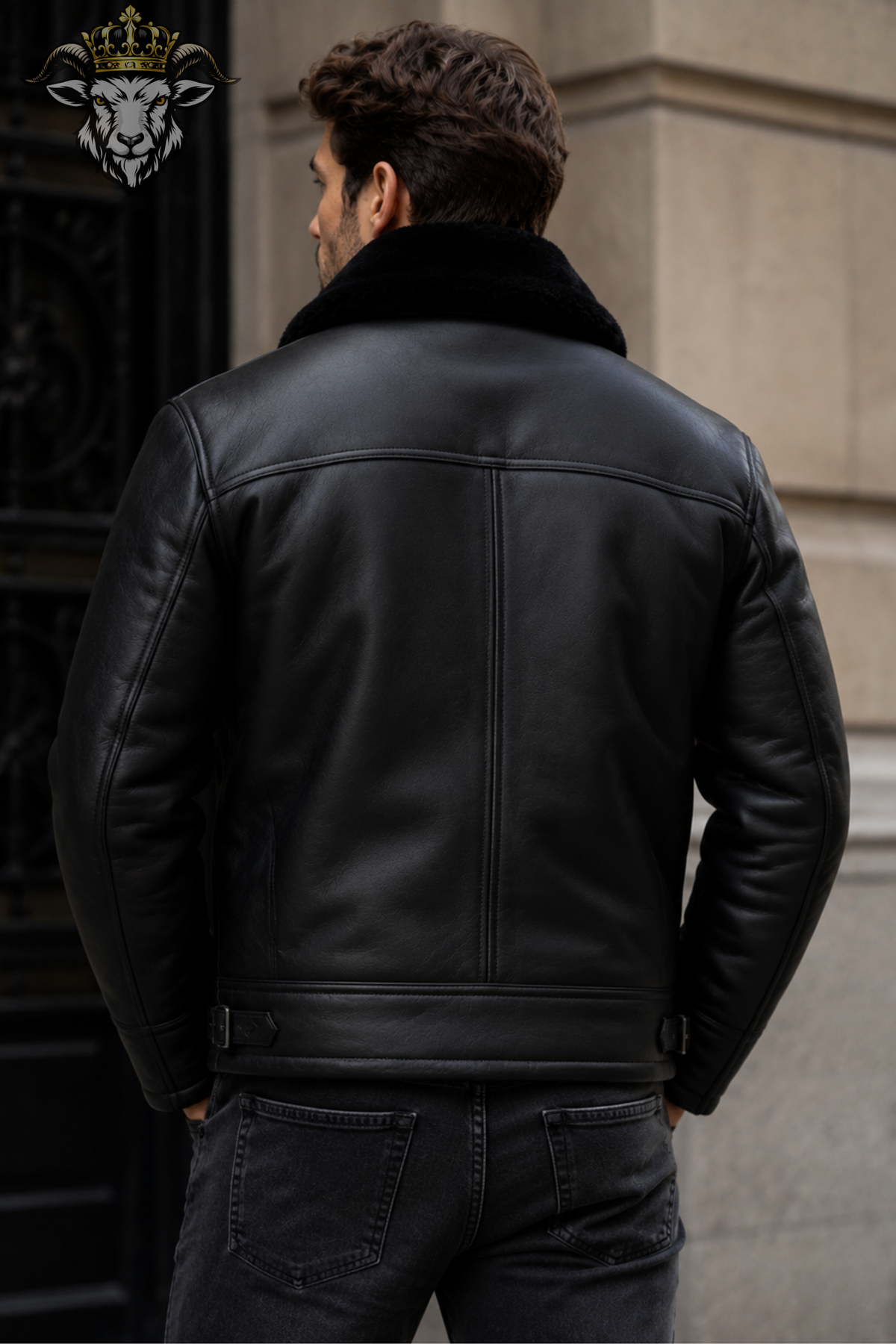 Men's Black Shearling Leather Jacket, Genuine Leather Bomber Jacket, Faux Fur Collar Aviator Jacket, Winter Motorcycle Coat