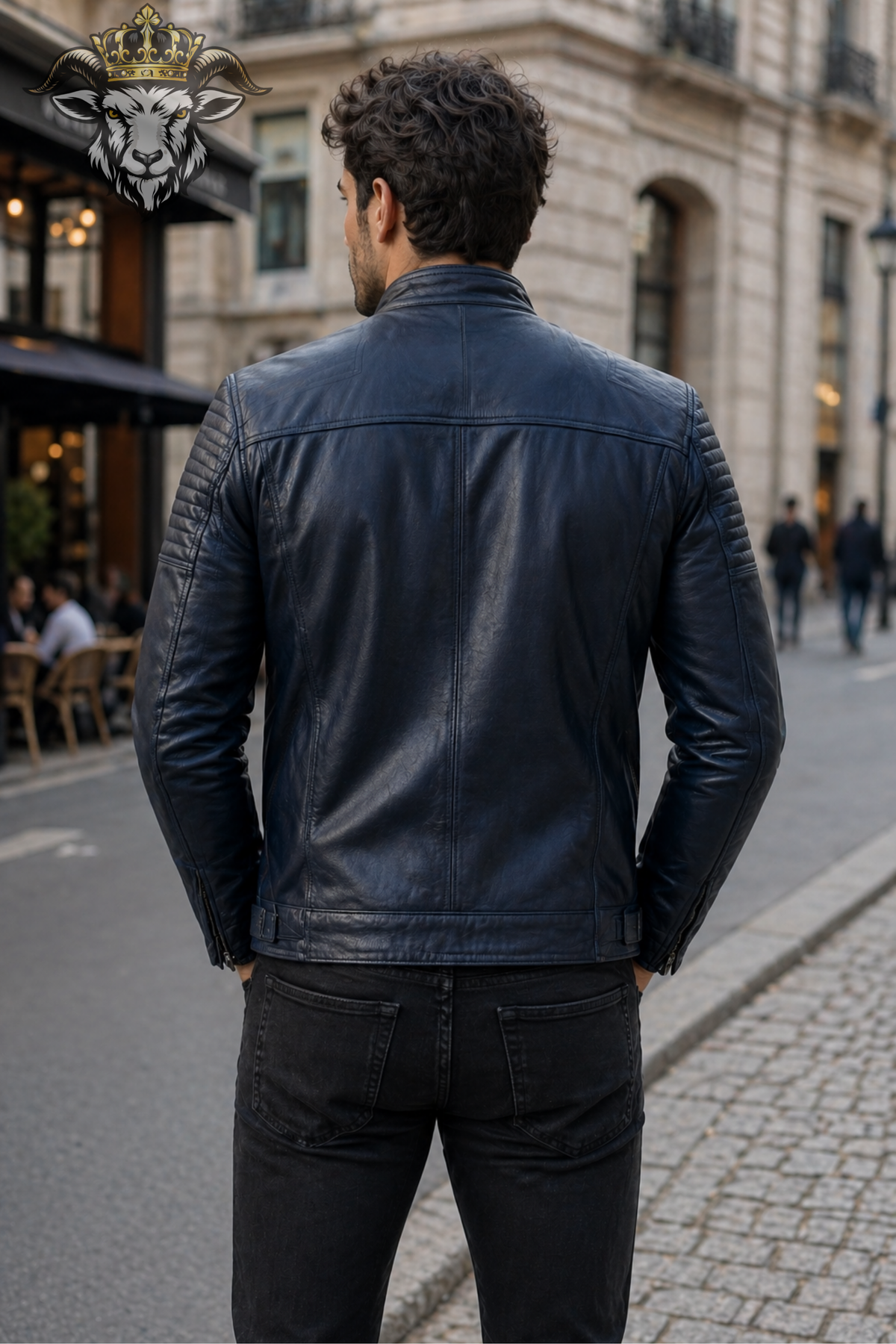 Men's Navy Blue Real Leather Biker Jacket, PLANIO Quilted Cafe Racer Moto Jacket, Slim Fit Motorcycle Outerwear, Zip Pocket Jacket