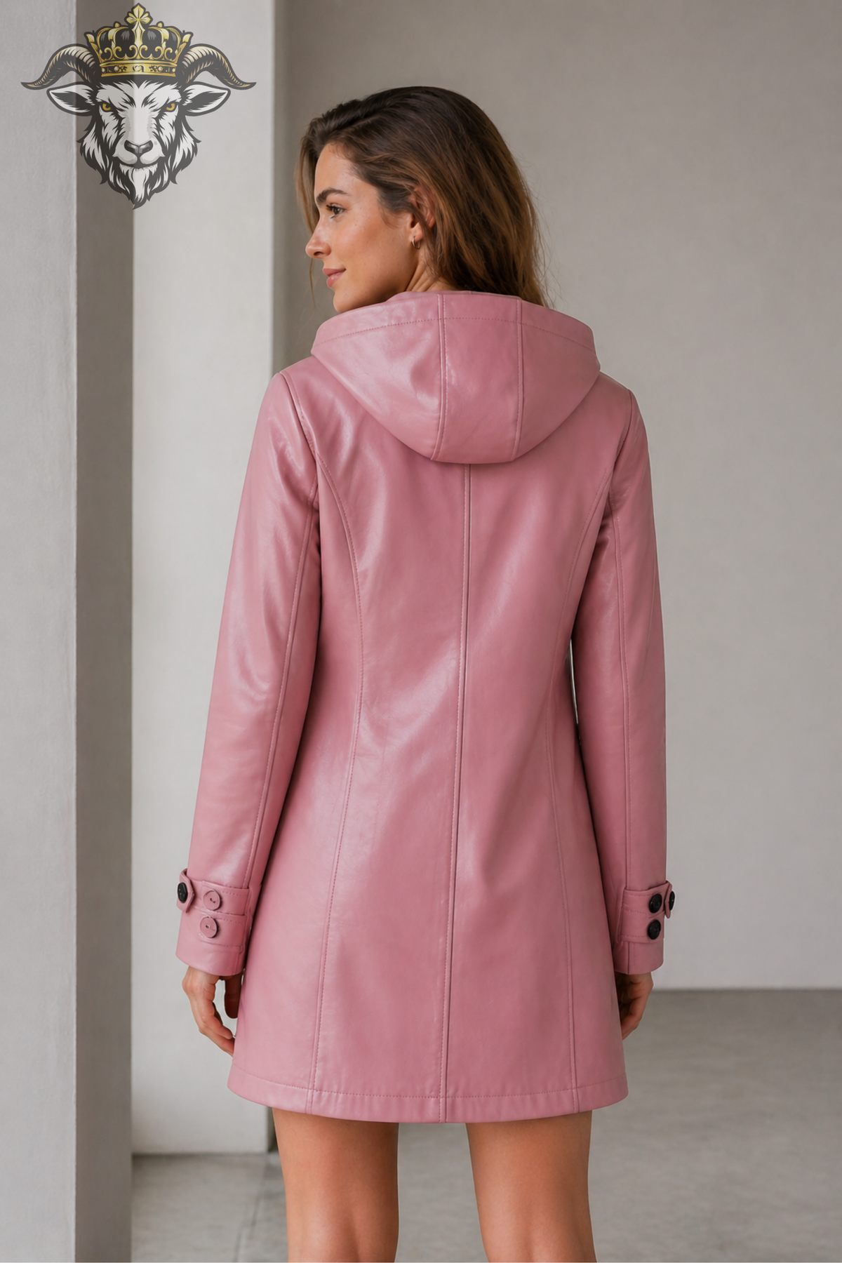 Women’s Pink Hooded Leather Coat, Stylish Faux Leather Trench Jacket, Modern Winter Outerwear, Button Front Hooded Coat, Chic Fall Jacket