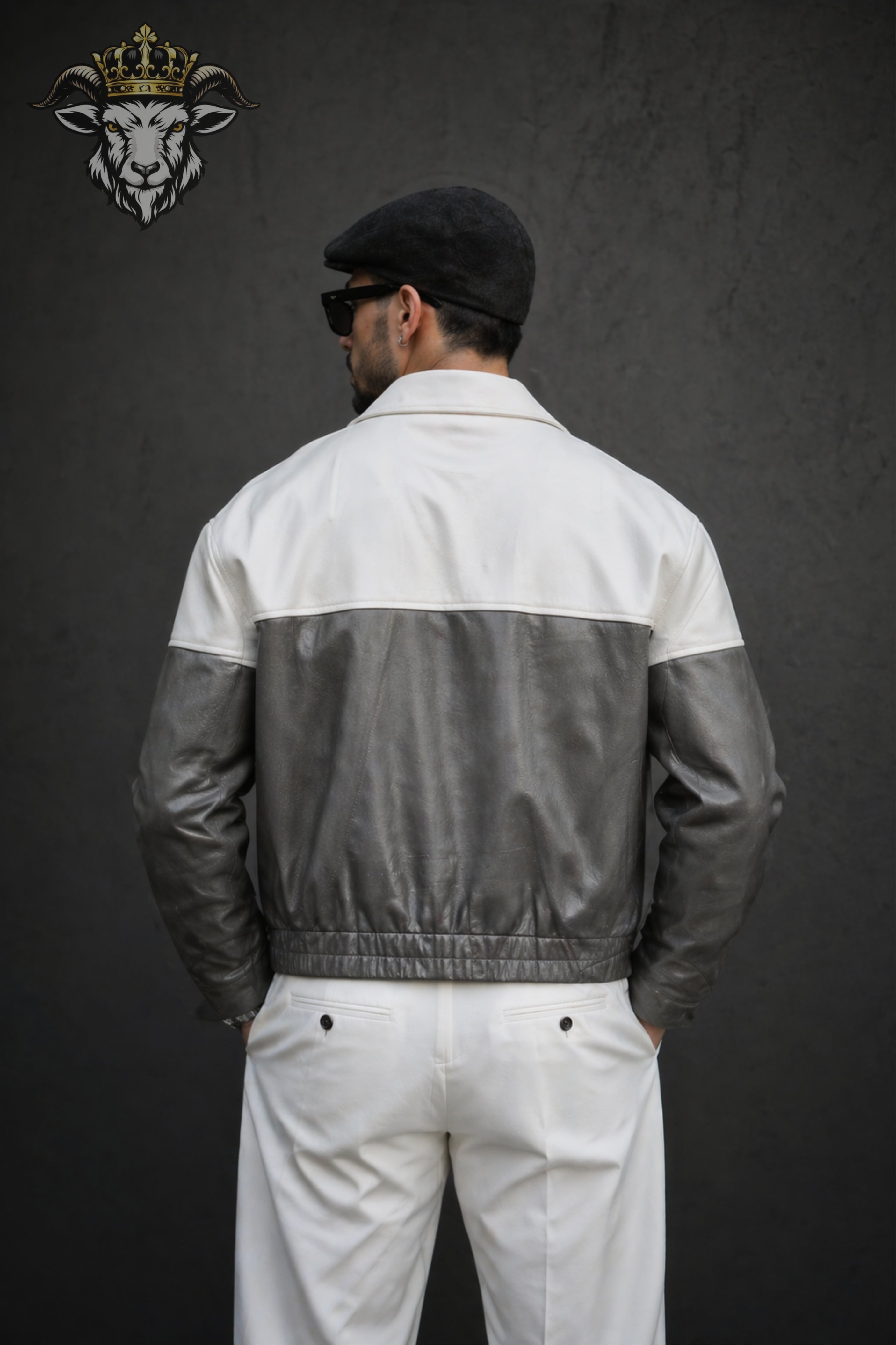 Men’s Two-Tone(Grey/White) Oversize Real Leather Bomber Jacket