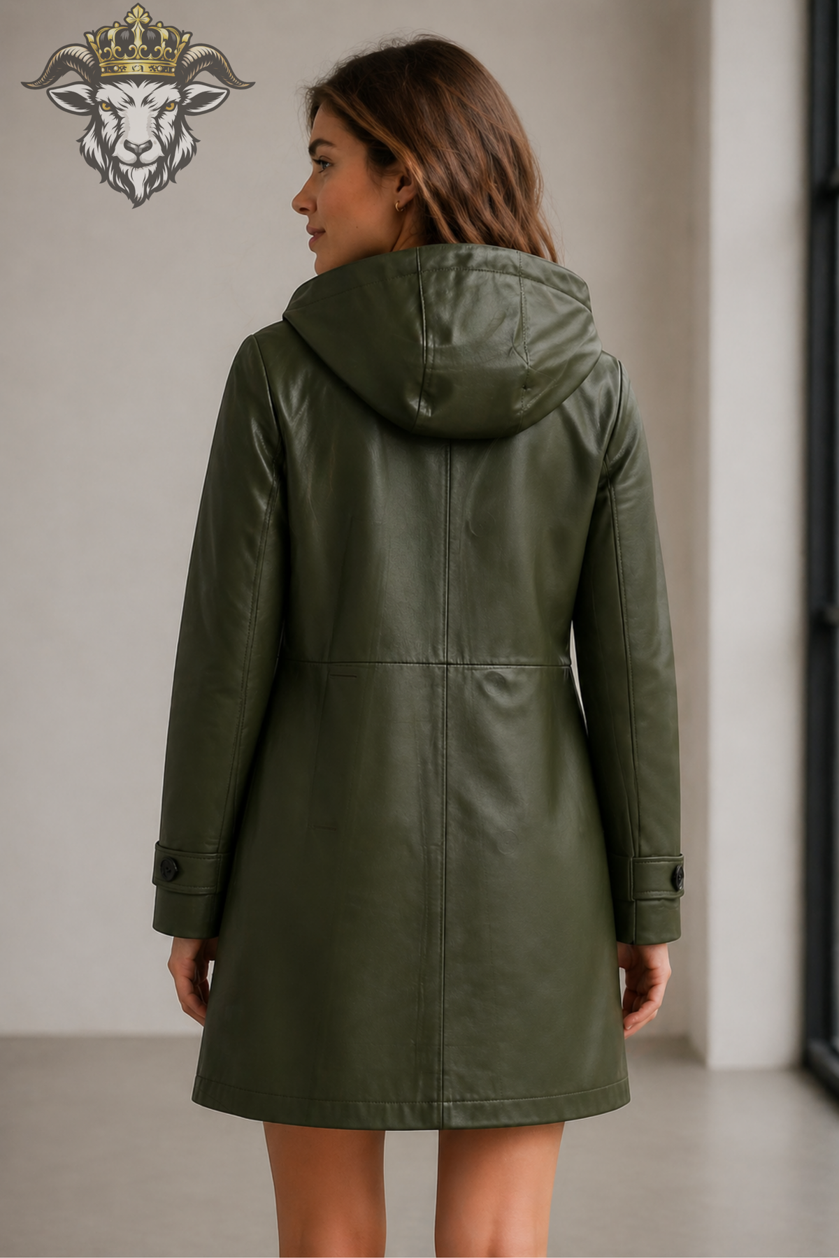 Olive Green Leather Hooded Coat for Women, Tailored Mid-Thigh Jacket, Button Front Winter Outerwear, Elegant Minimalist Leather Coat