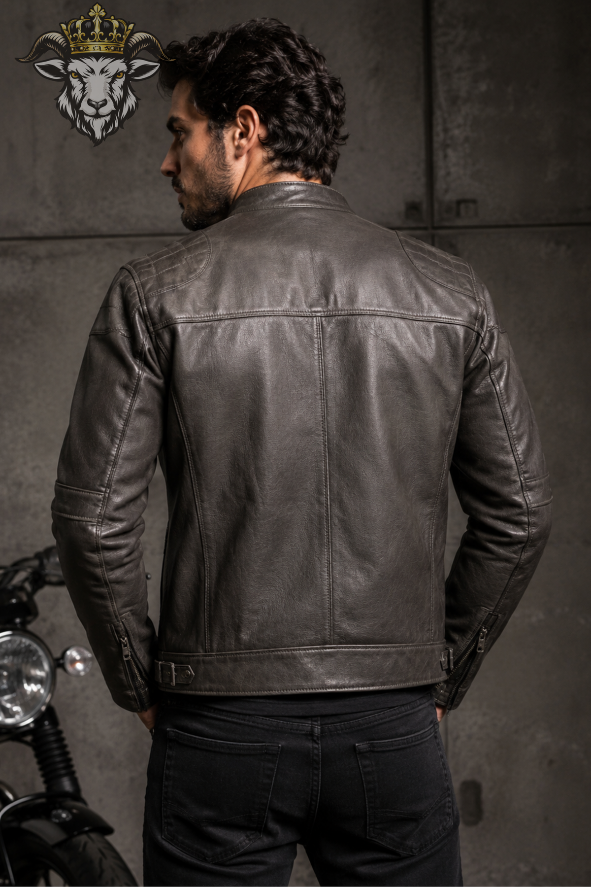 Men's Gray Real Leather Biker Jacket, Slim Fit Motorcycle Jacket, Cafe Racer Leather Jacket, Mandarin Collar Moto Coat