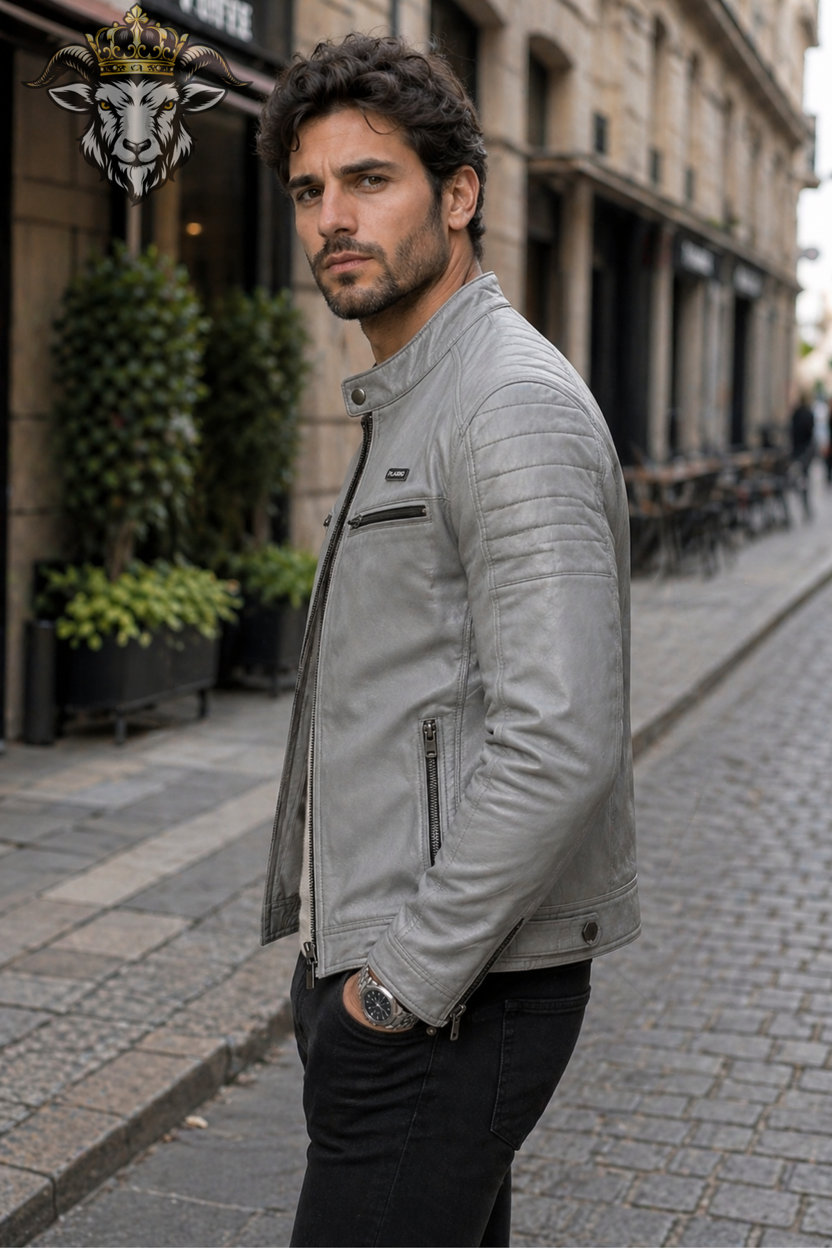 Men's Light Gray Real Leather Biker Jacket, PLANIO Cafe Racer Motorcycle Jacket, Slim Fit Moto Outerwear, Quilted Shoulder Detail