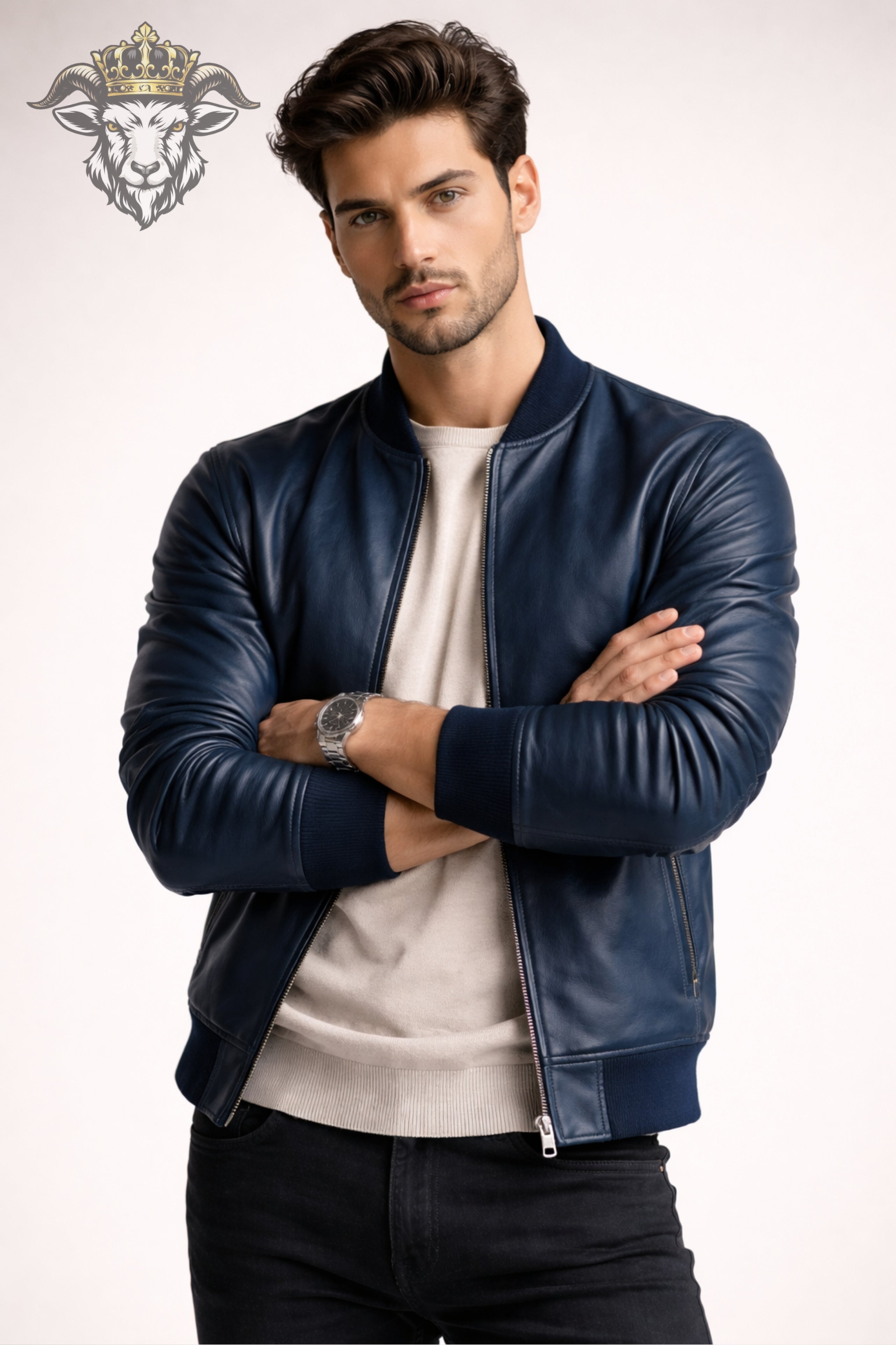 Men’s Blue Real Leather Bomber Jacket