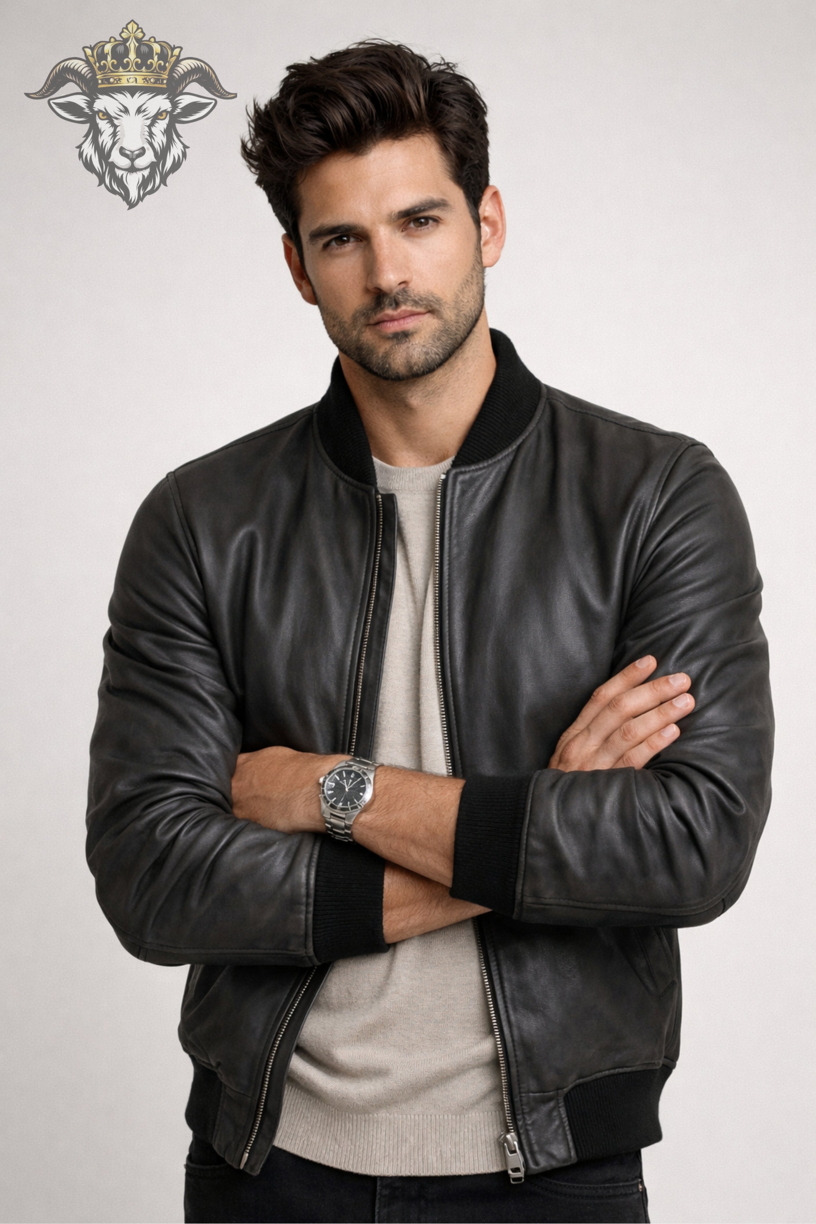 Men’s Charcoal Leather Bomber Jacket