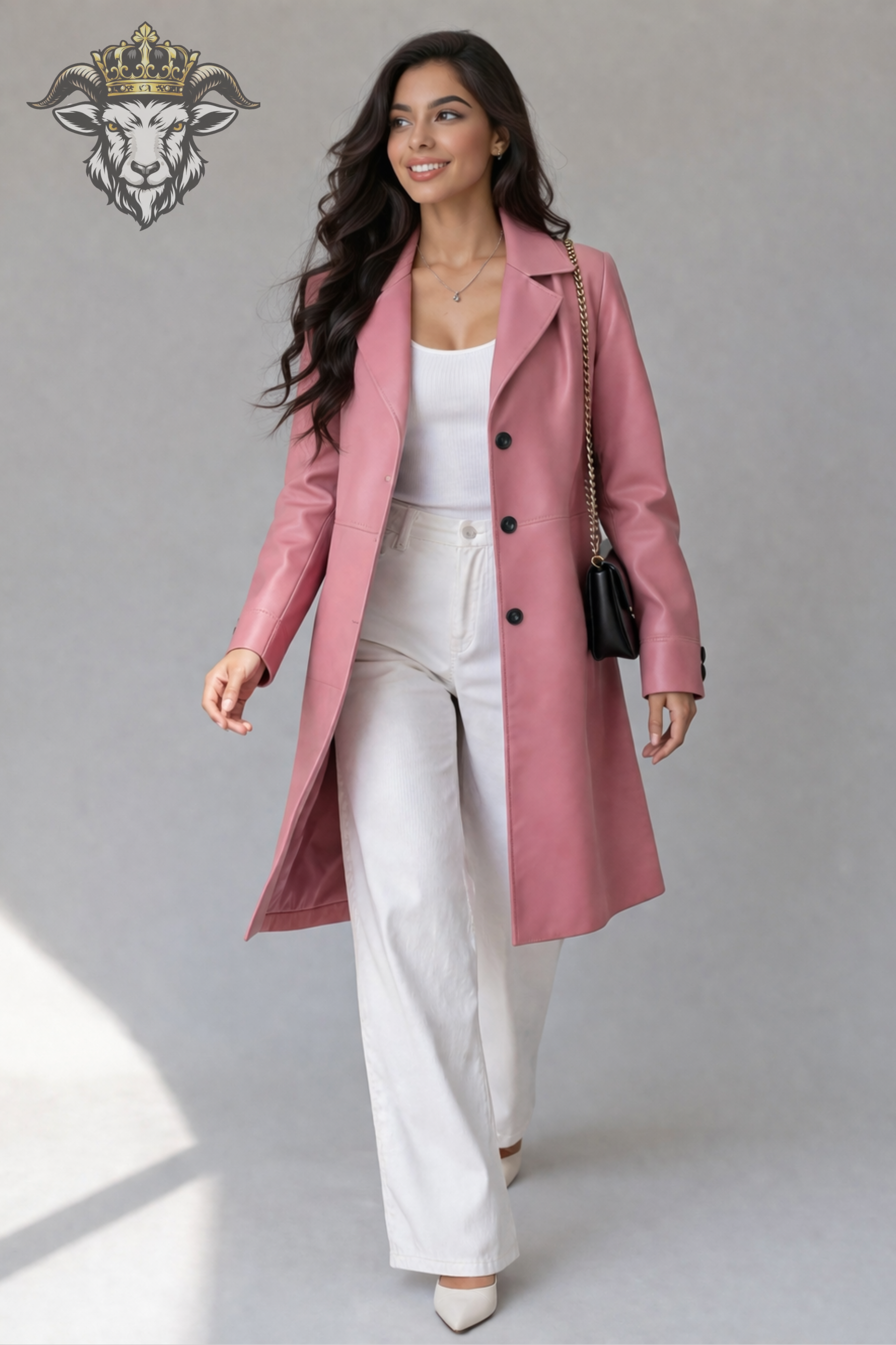 Women’s Pink Real Leather Knee-Length Coat