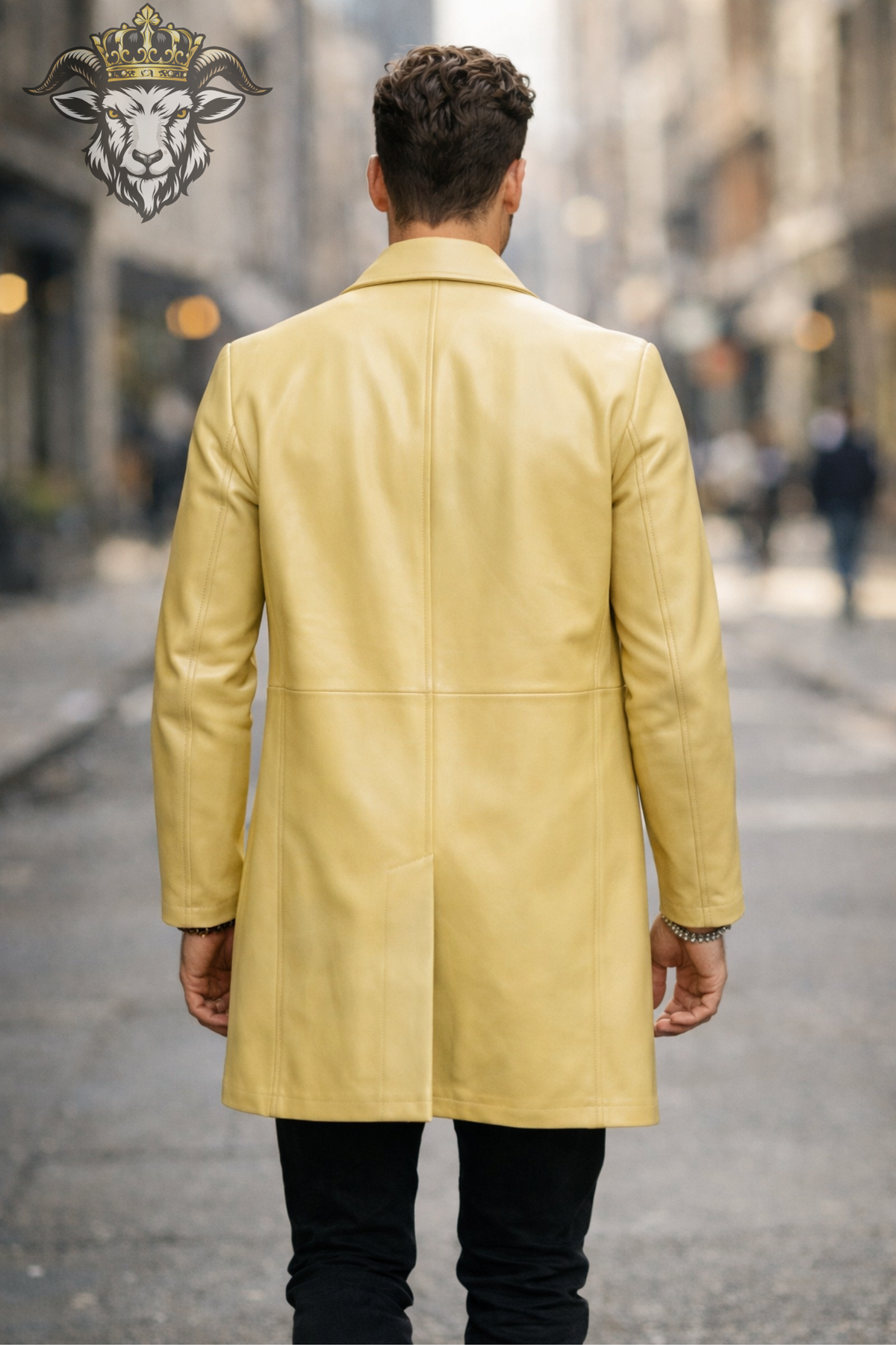 Men's Light Yellow Real Leather Coat, Slim Fit Leather Trench Jacket, Mid-Thigh Lapel Overcoat, Minimalist Luxury Menswear