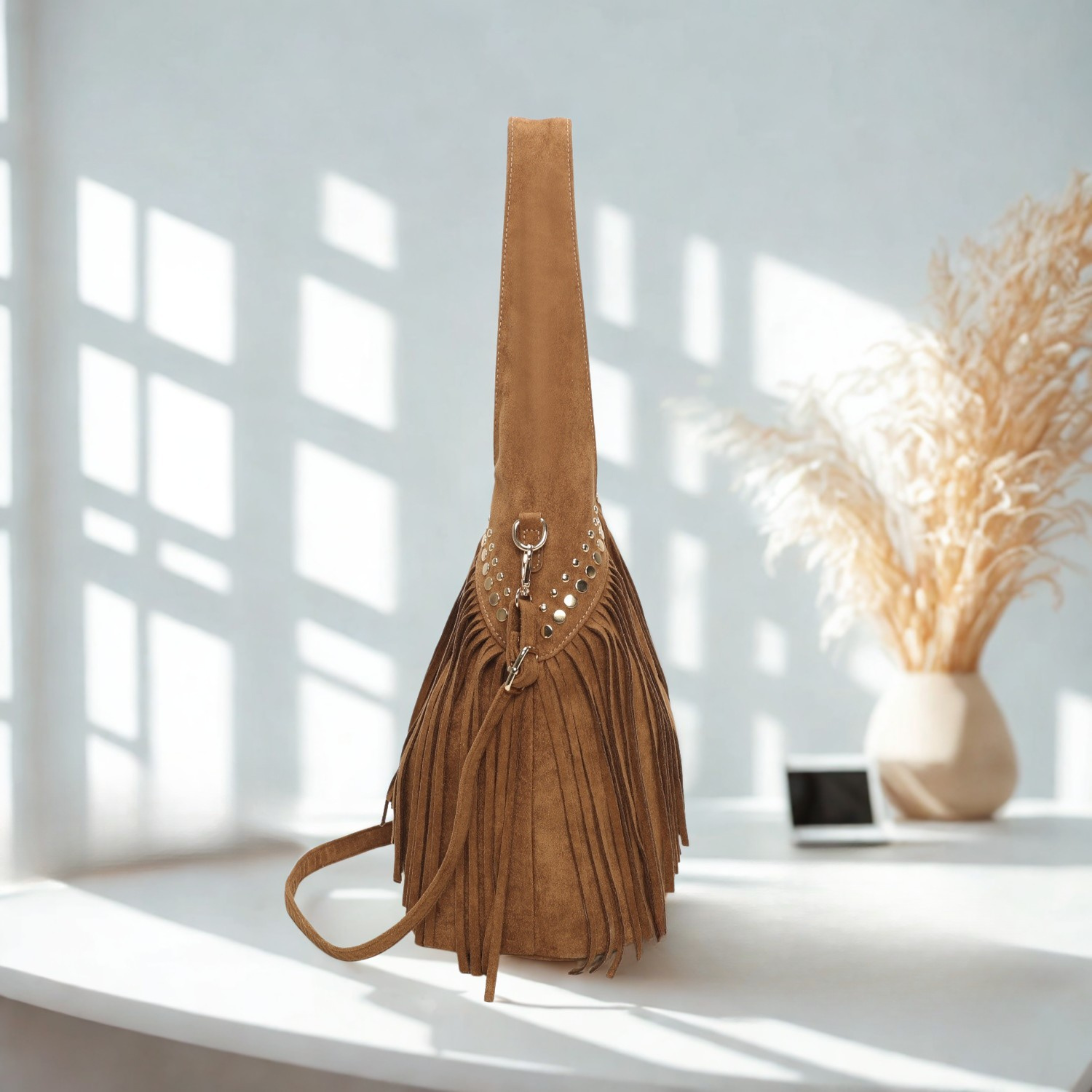 Women’s Suede Effect Fringe Hobo Shoulder Bag Tassel Studded Handbag with Strap