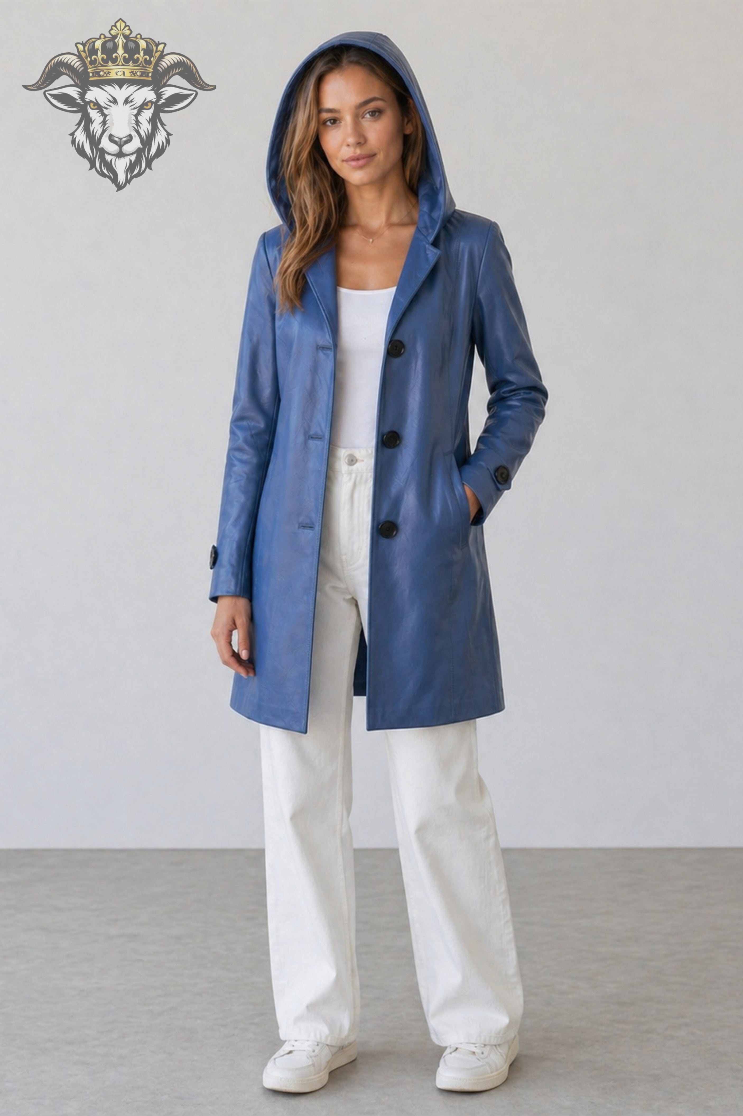 Women’s Blue Real Leather Hooded Coat