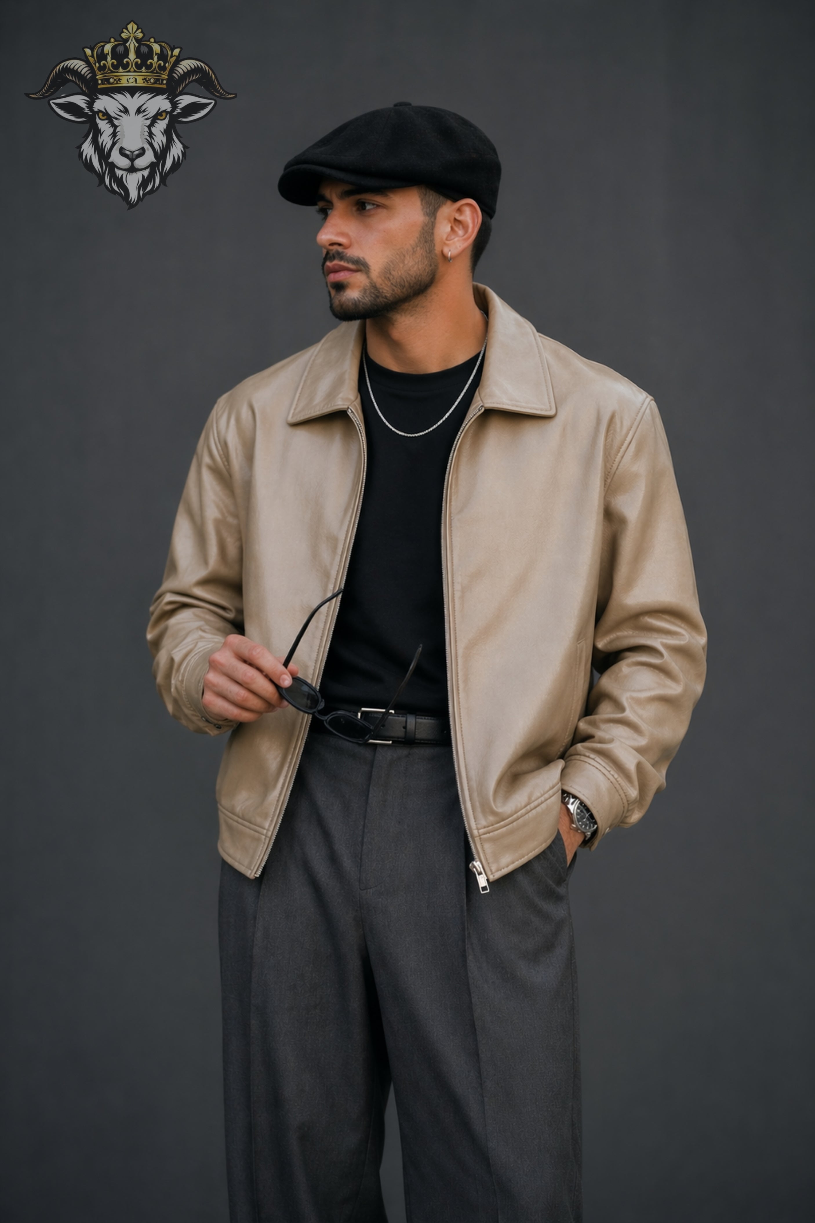 Men’s Beige Oversize Real Leather Bomber Jacket