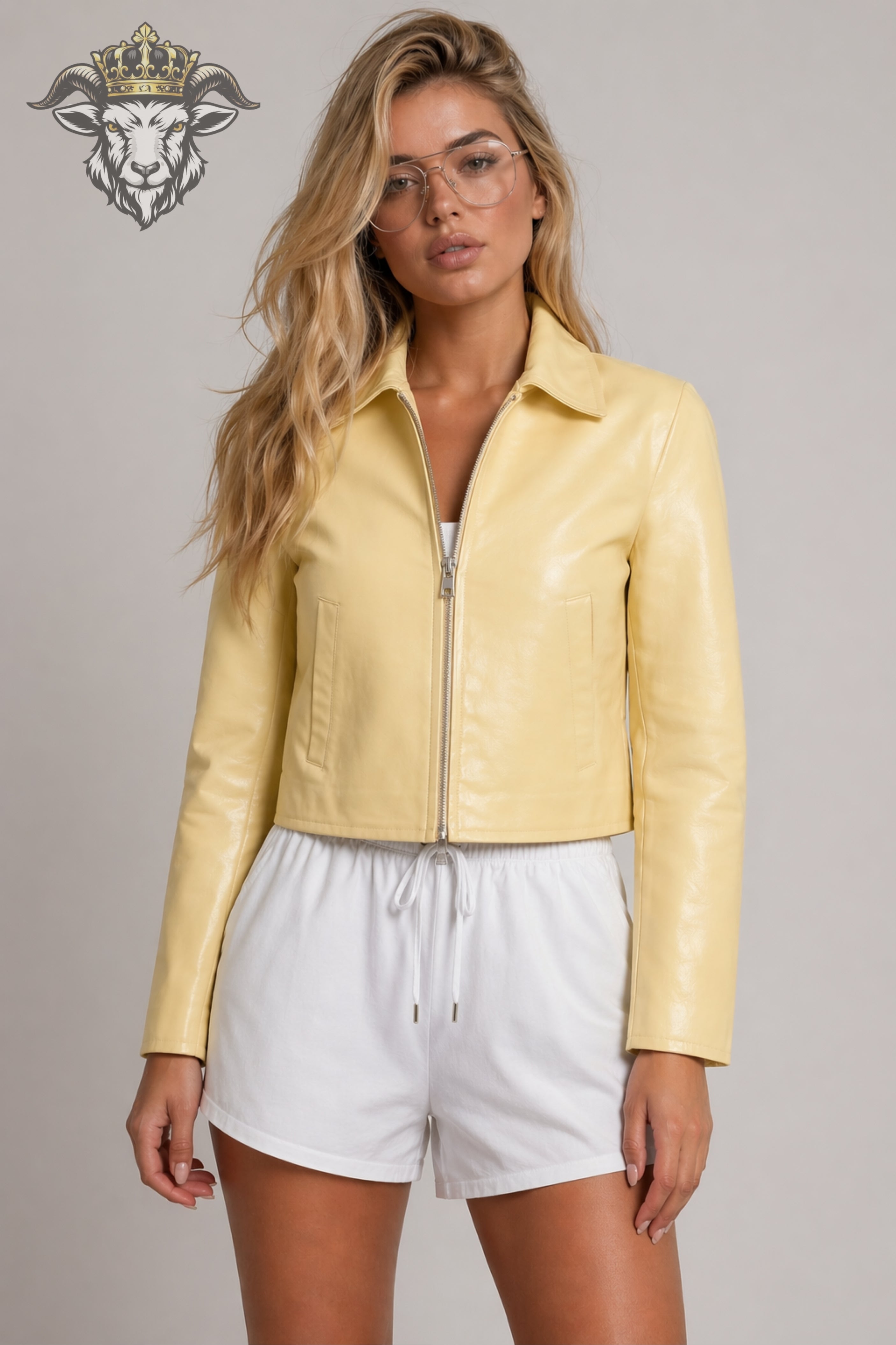 Women’s Pale Yellow Real Leather Cropped Jacket