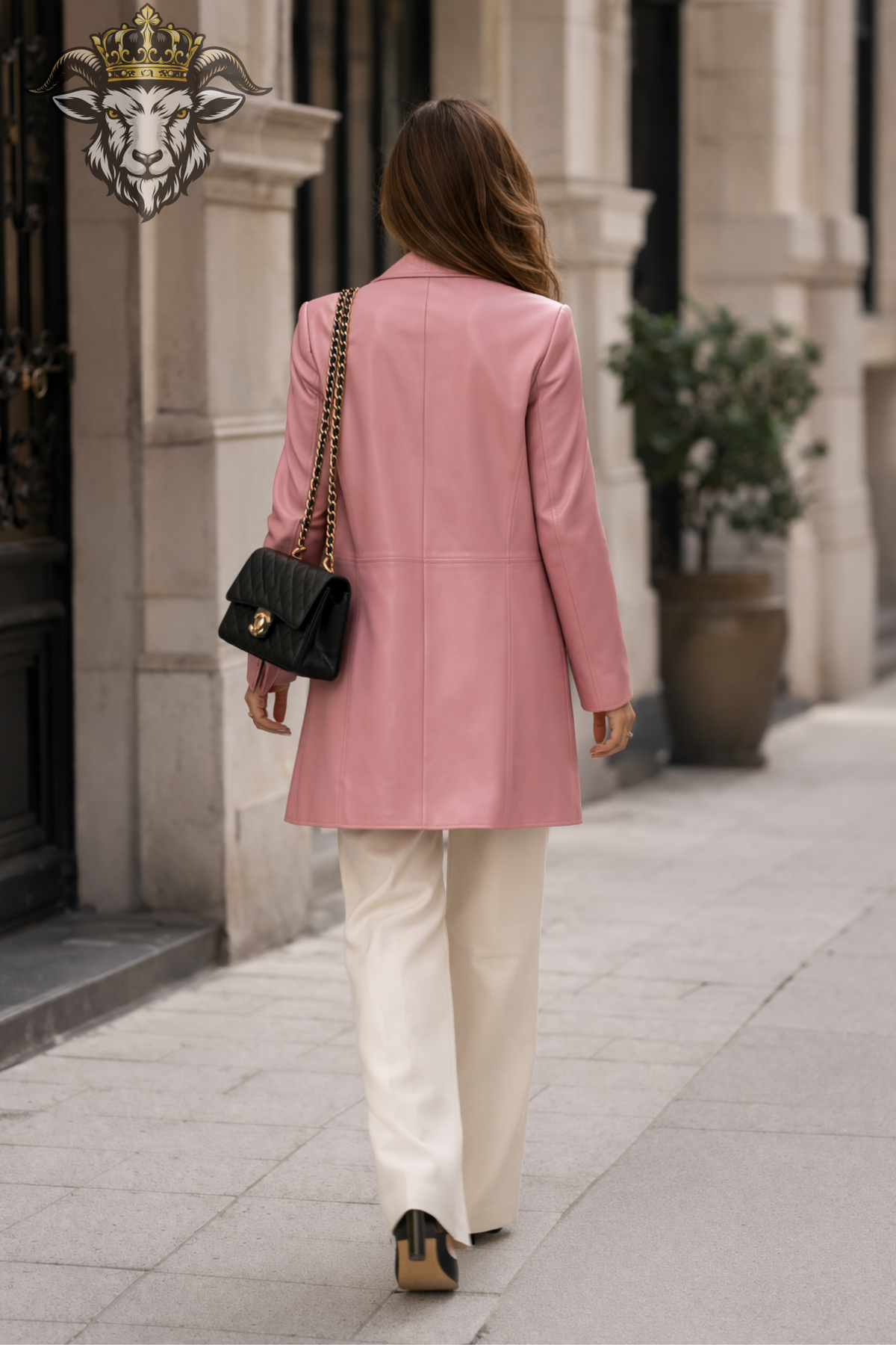 Women's Pink Leather Look Coat, Tailored Mid Length Blazer Jacket, Chic Button Front Outerwear, Elegant Street Style Coat