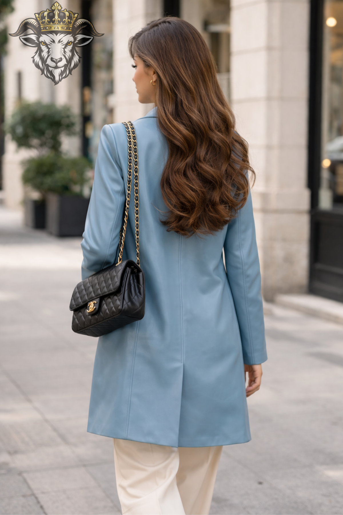 Women's Cyan Blue Real Leather Coat, Tailored Mid-Length Jacket, Button Front Luxury Outerwear, Elegant Modern Fashion Coat