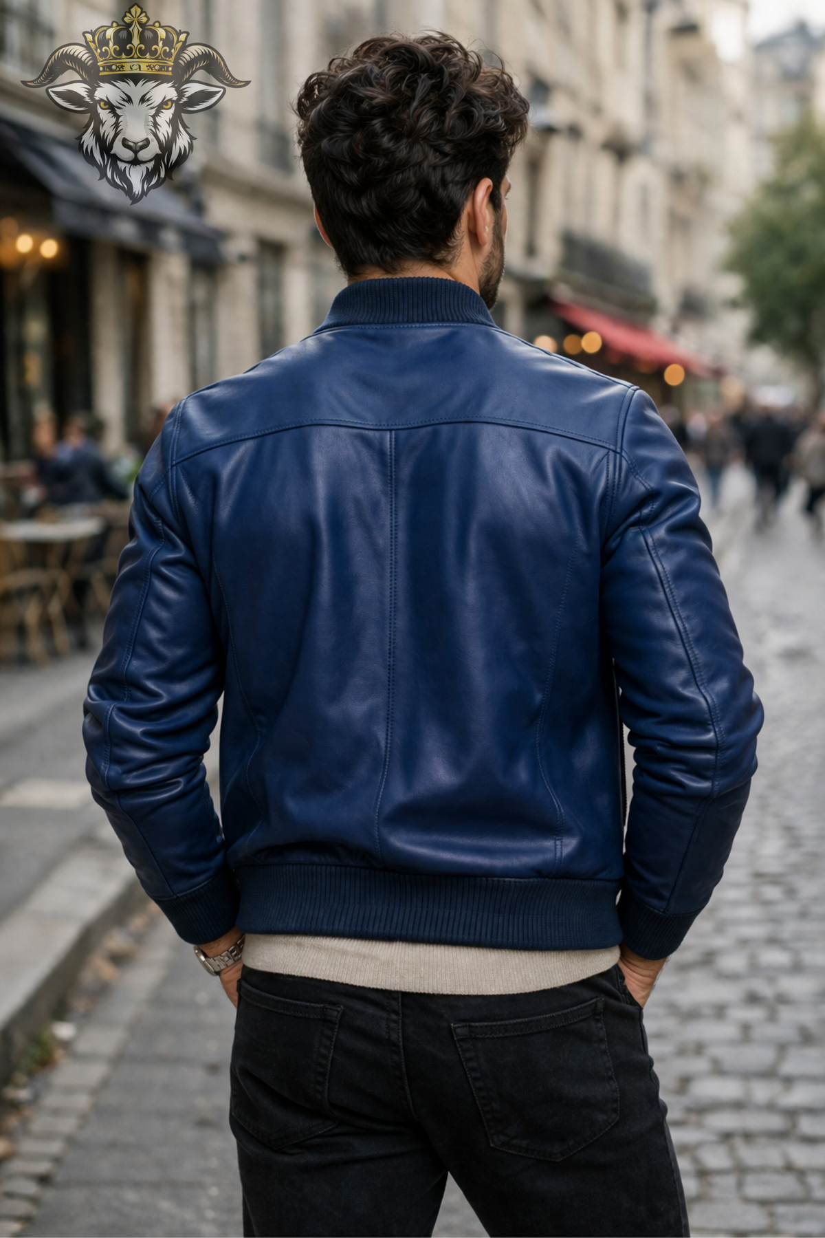 Men's Navy Blue Leather Bomber Jacket, Ribbed Collar Zip Up Jacket, Classic Flight Style Outerwear, Modern Casual Men's Fashion