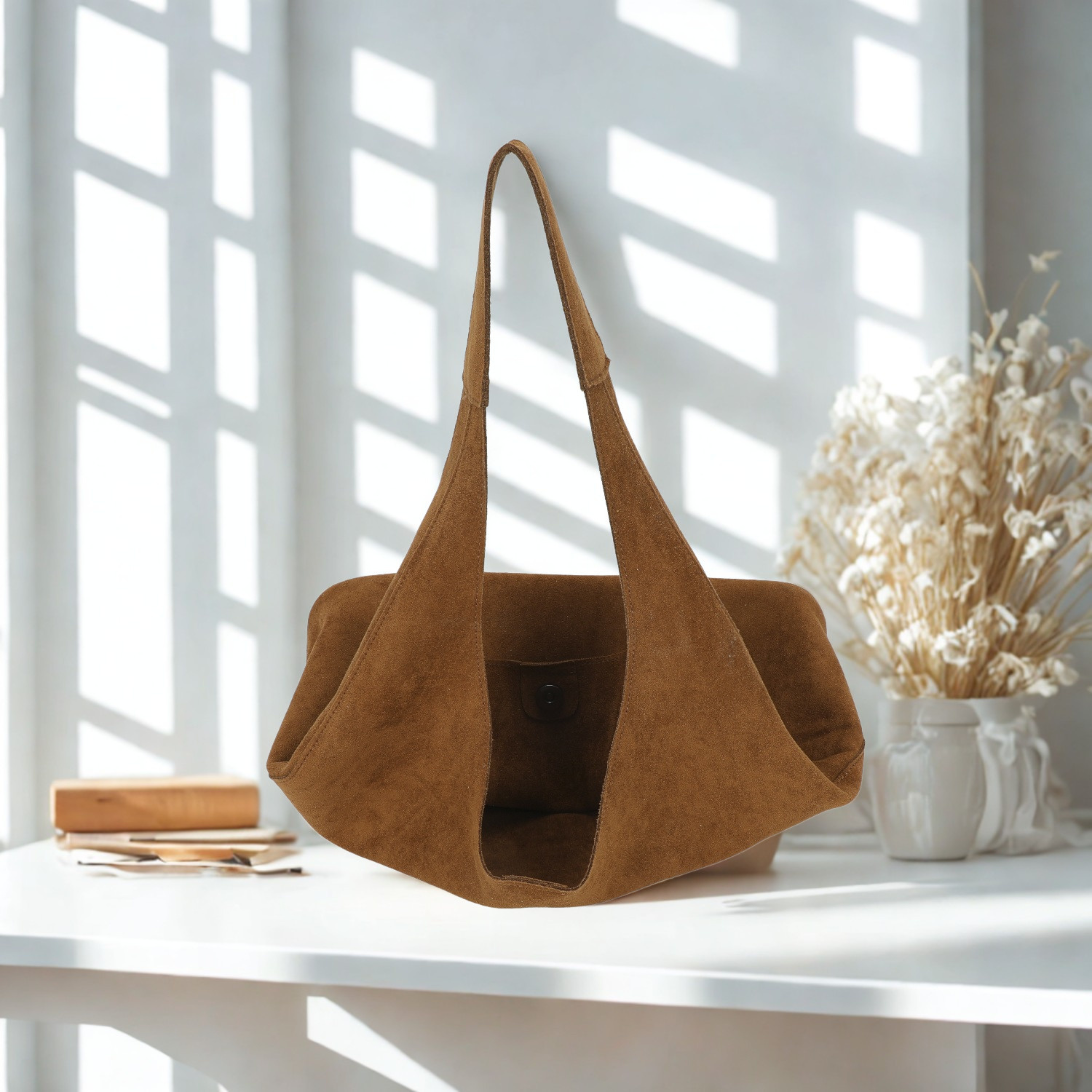 Women’s Suede Effect Hobo Shoulder Bag Slouch Tote Handbag with Removable Pouch