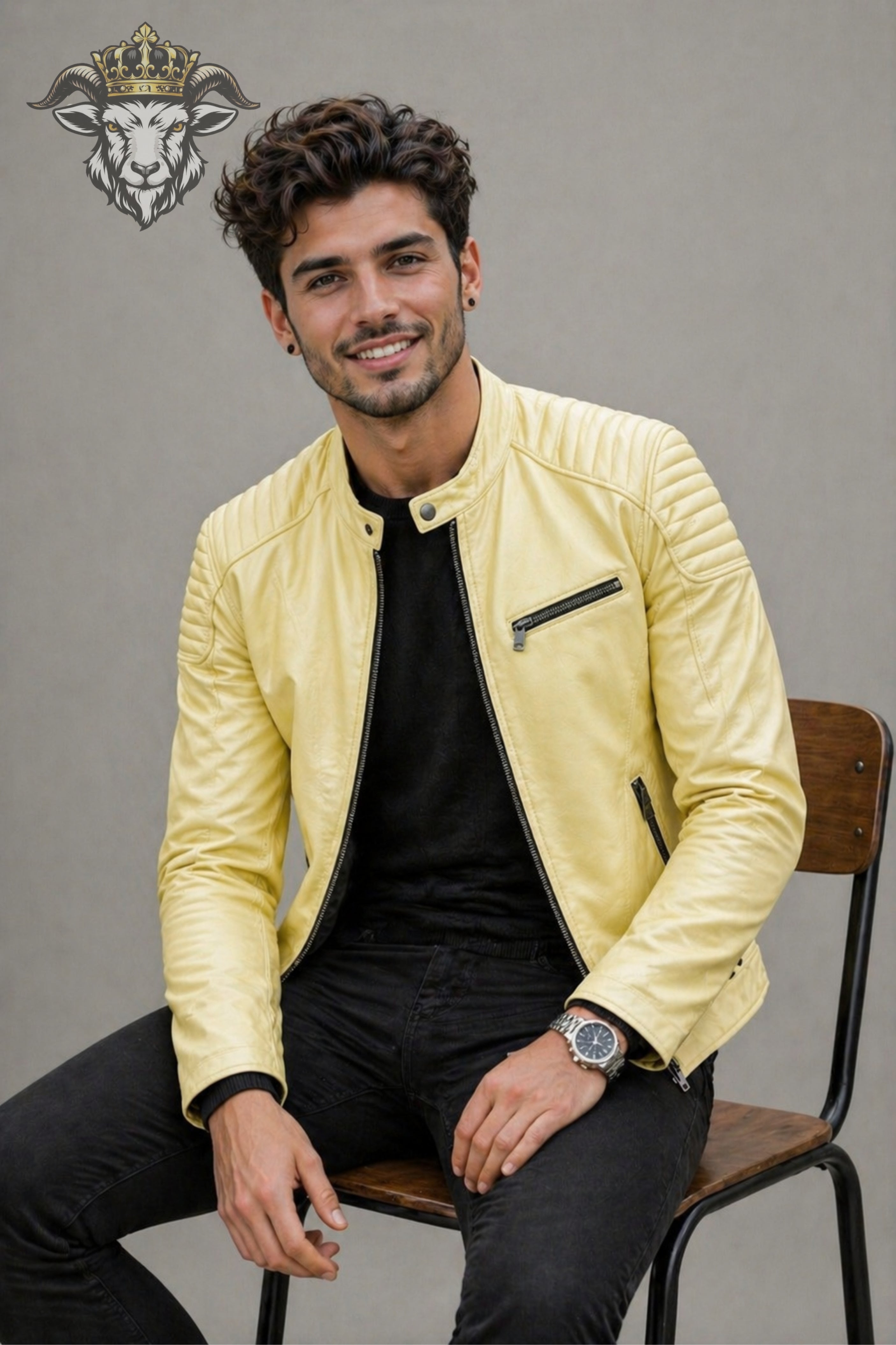 Men’s Pale Yellow Real Leather Roadster Jacket