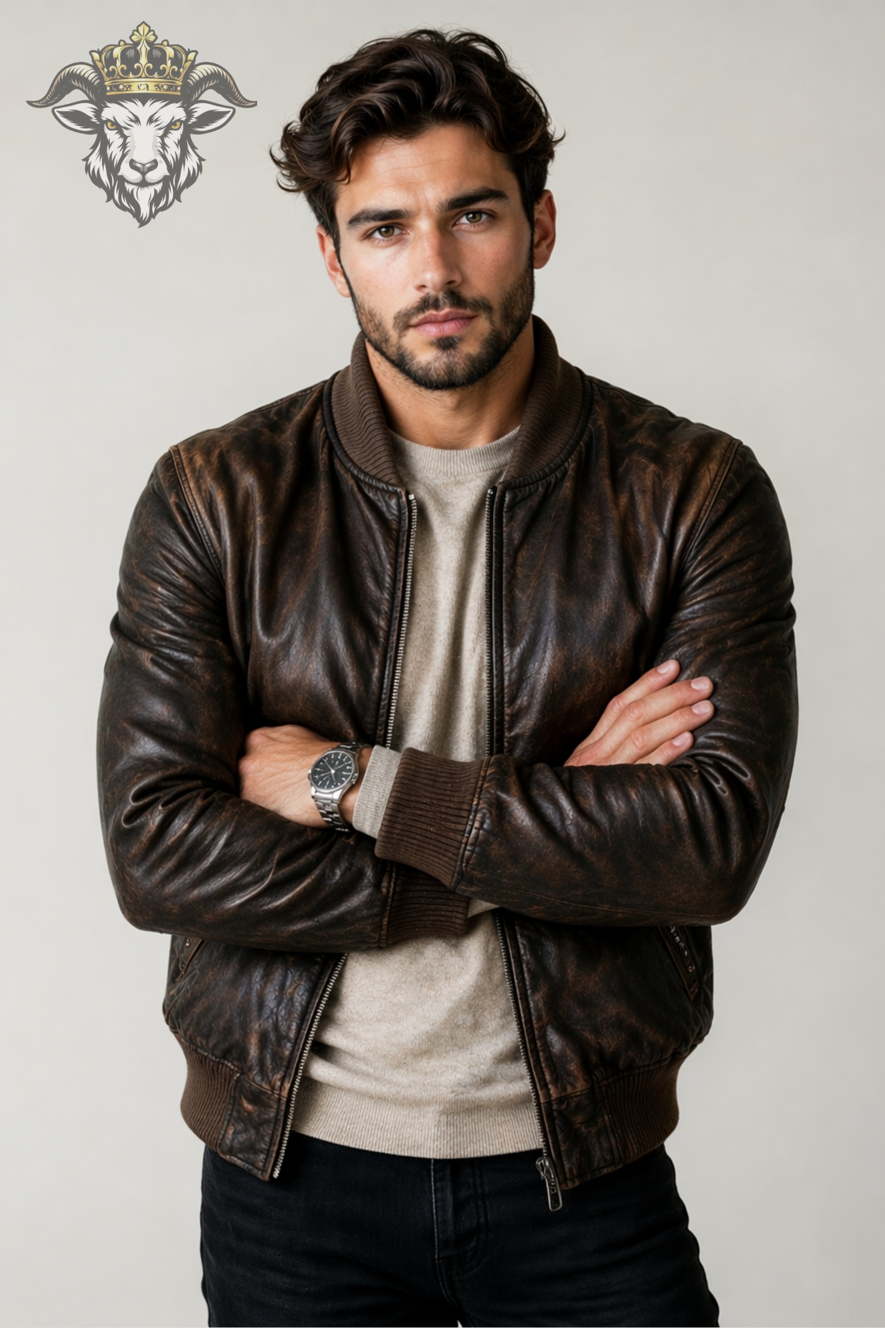 Men’s Distressed Brown Leather Bomber Jacket