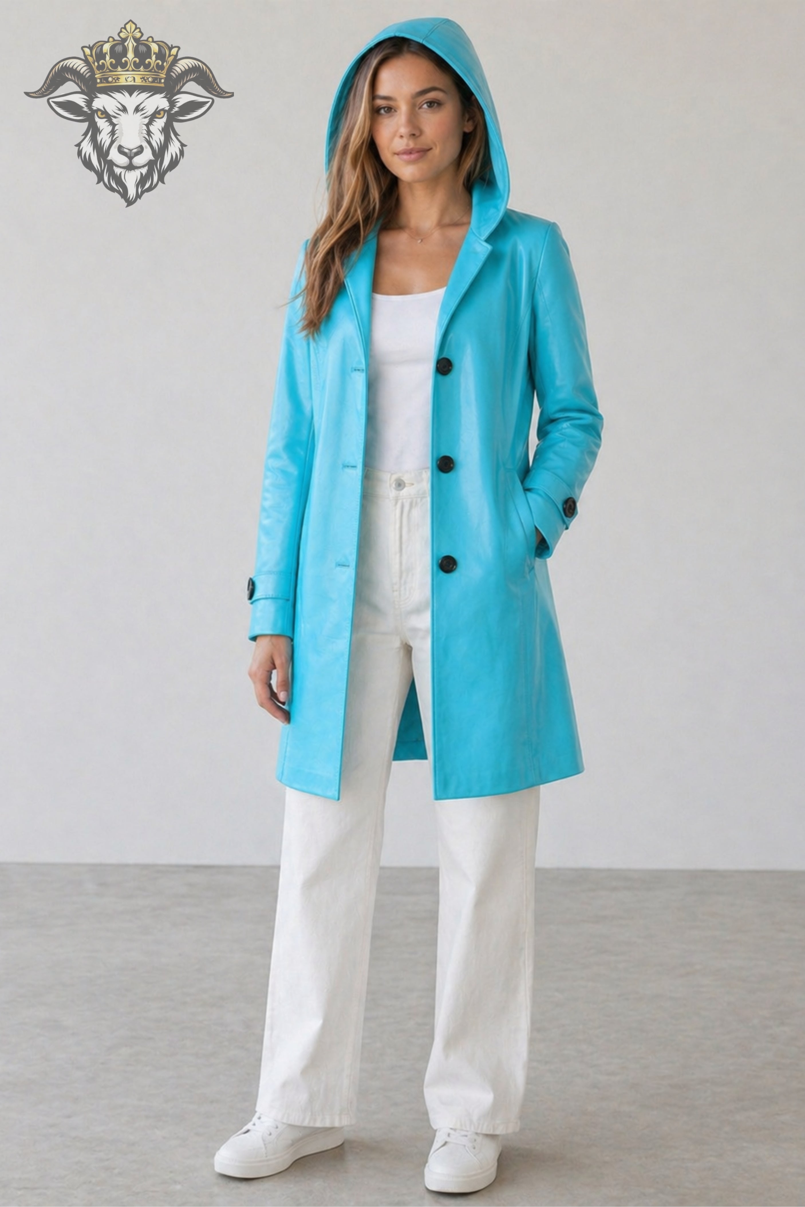 Women’s Cyan Real Leather Hooded Coat