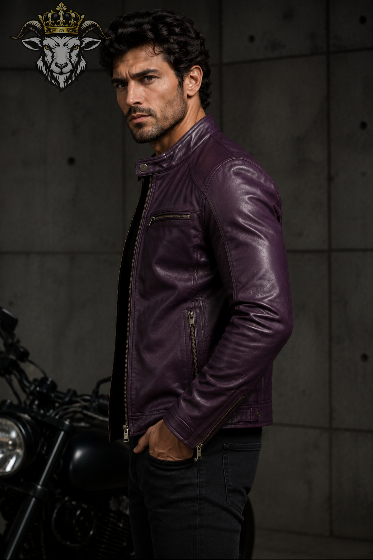Men's Purple Real Leather Biker Jacket, Slim Fit Motorcycle Jacket, Mandarin Collar Moto Jacket, Men's Purple Leather Coat