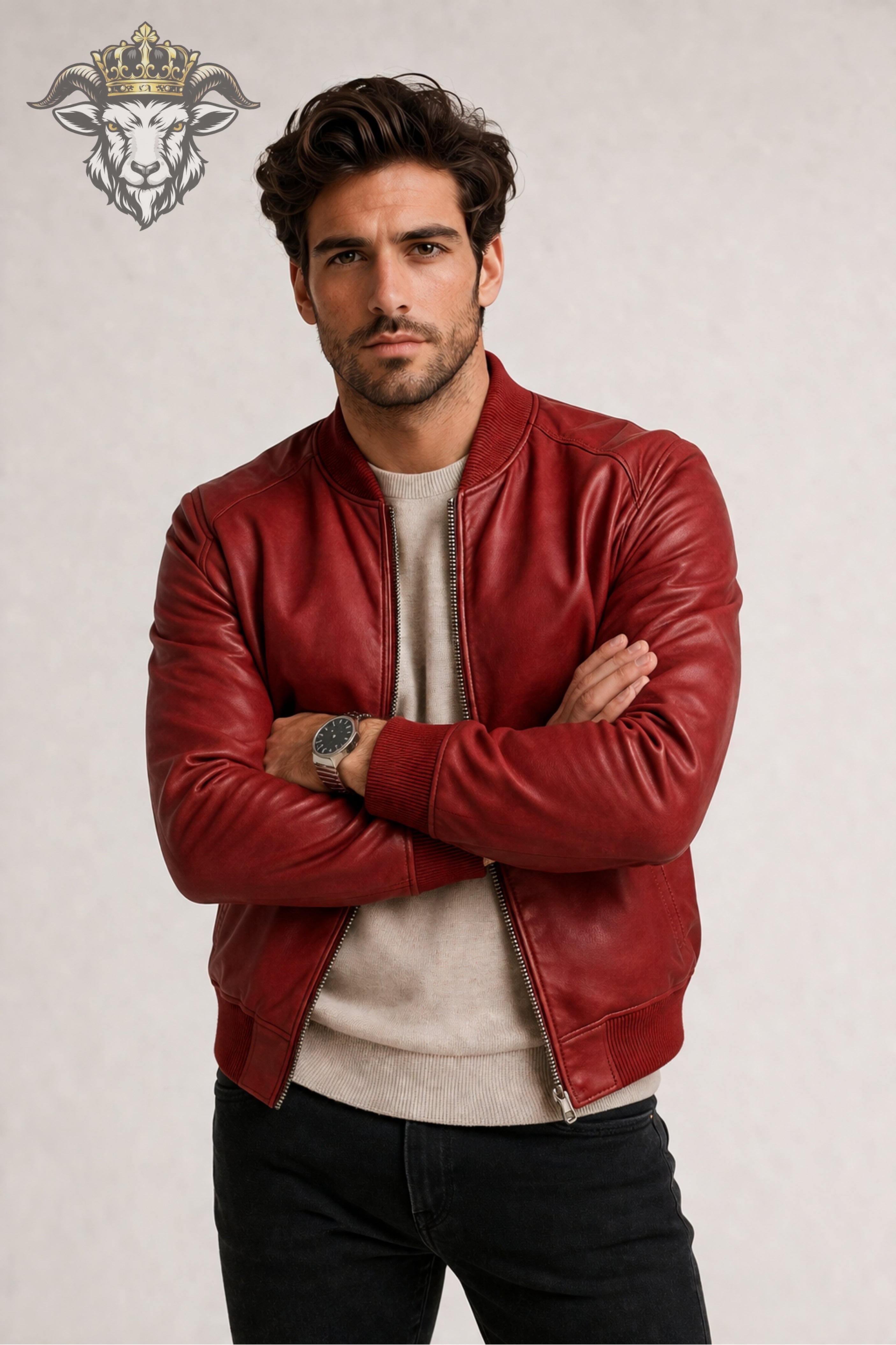 Men’s Red Real Leather Bomber Jacket