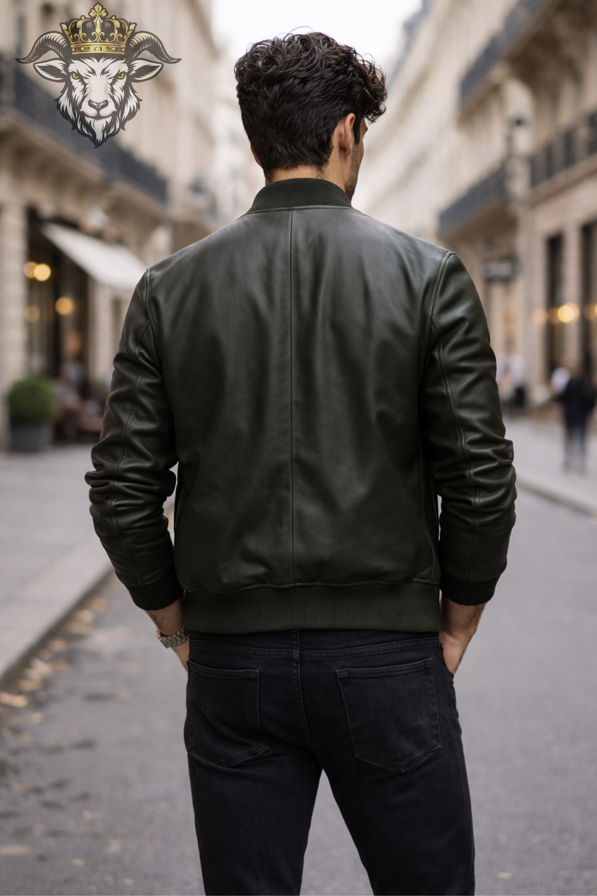 Men's Green Leather Bomber Jacket, Slim Fit Moto Jacket, Ribbed Collar Streetwear Jacket, Casual Zip-Up Leather Outerwear
