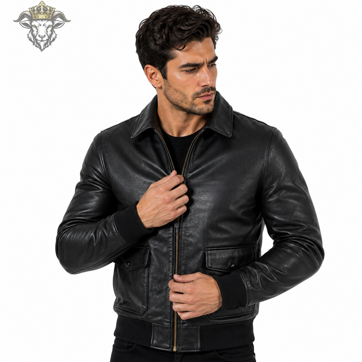 Men’s Black Genuine Leather Aviator Bomber Jacket, Classic Zip Front Leather Jacket, Ribbed Cuff Motorcycle Coat, Premium Mens Outerwear