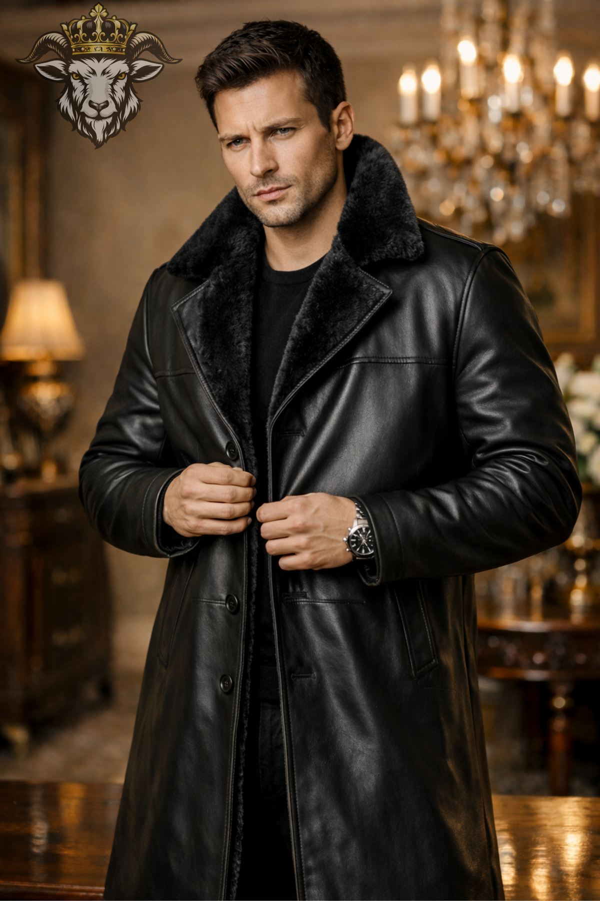 Men Black Real Leather Long Coat Faux Fur Lined Winter Coat Below Knee Trench Coat Button Closure Luxury Leather Overcoat
