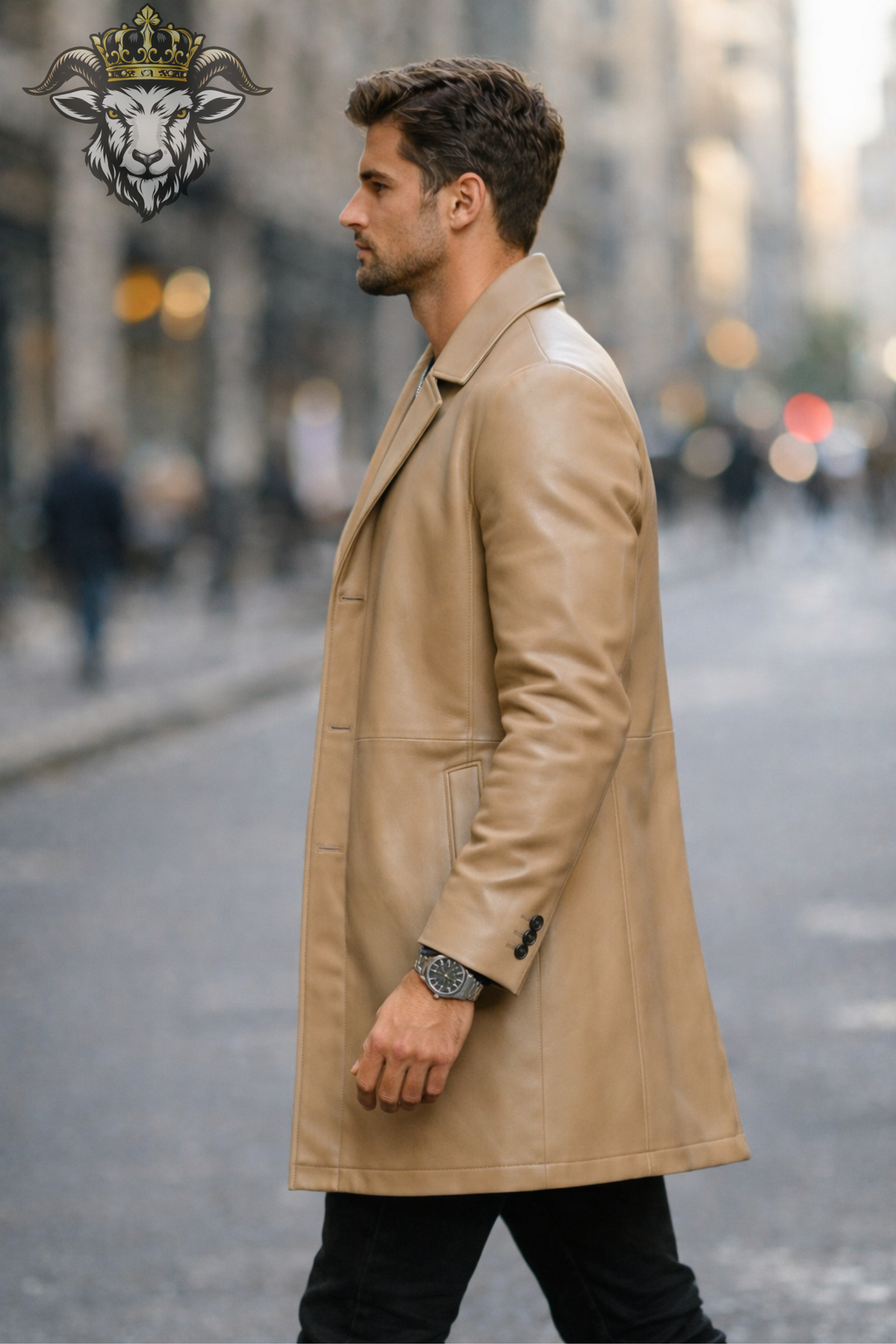 Men's Beige Real Leather Overcoat, Slim Fit Mid-Thigh Coat, Tailored Lapel Jacket, Minimal Classic Leather Outerwear