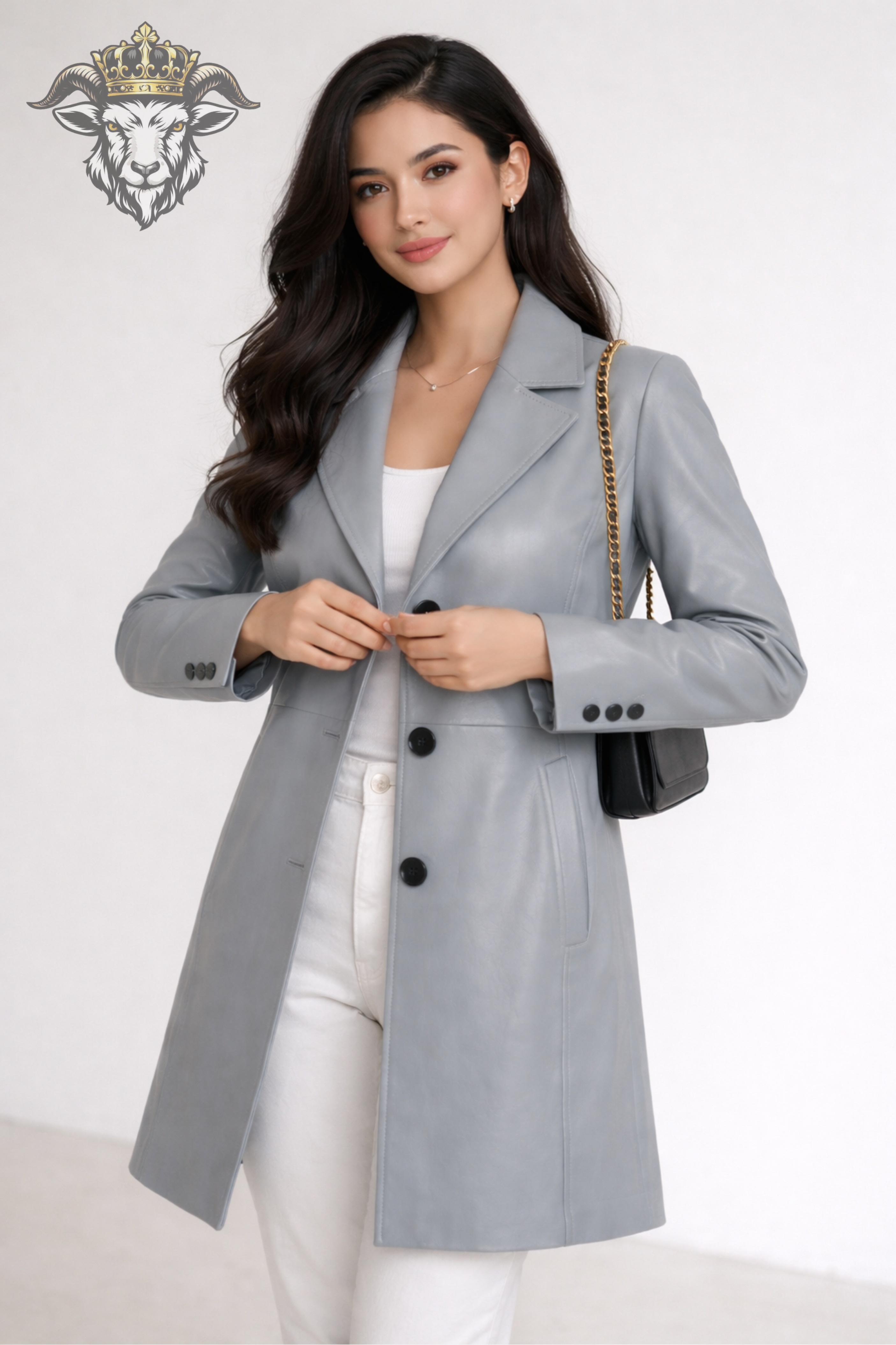 Women’s Gray Real Leather Mid-Length Coat