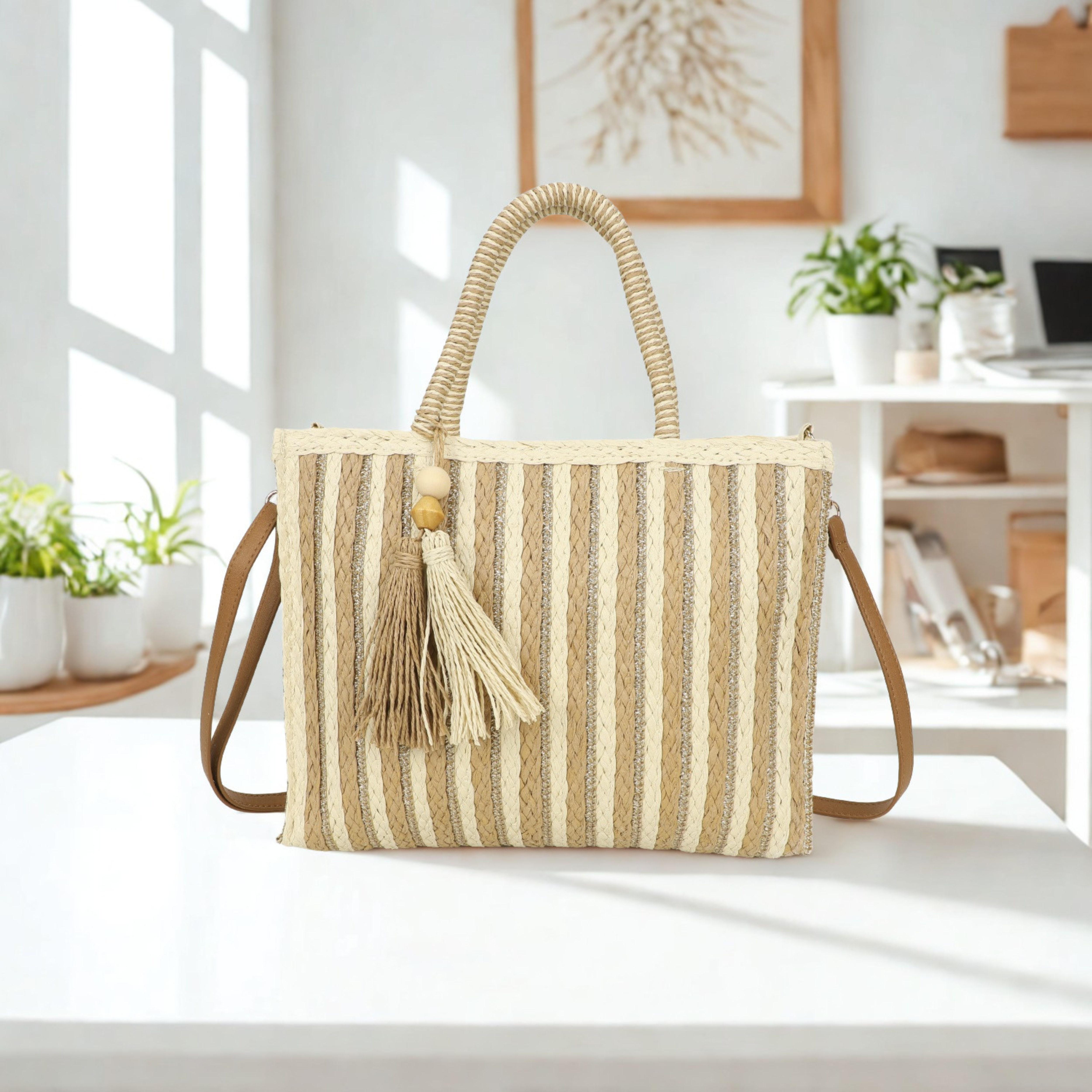 Women’s Woven Tote Bag Synthetic Shoulder Handbag Crossbody Shopper H24 W30 D8