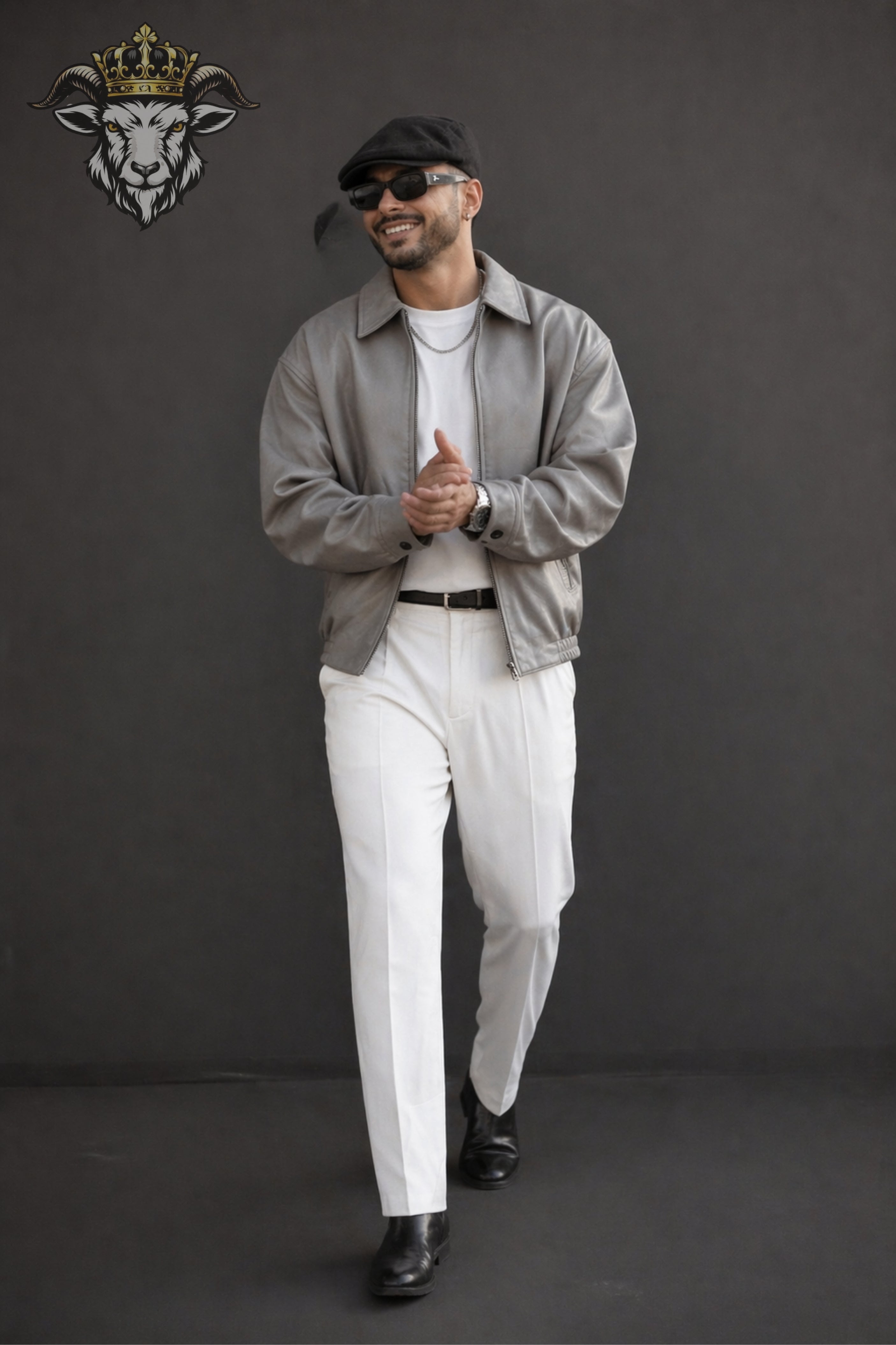 Men’s Light Grey Oversize Real Leather Bomber Jacket