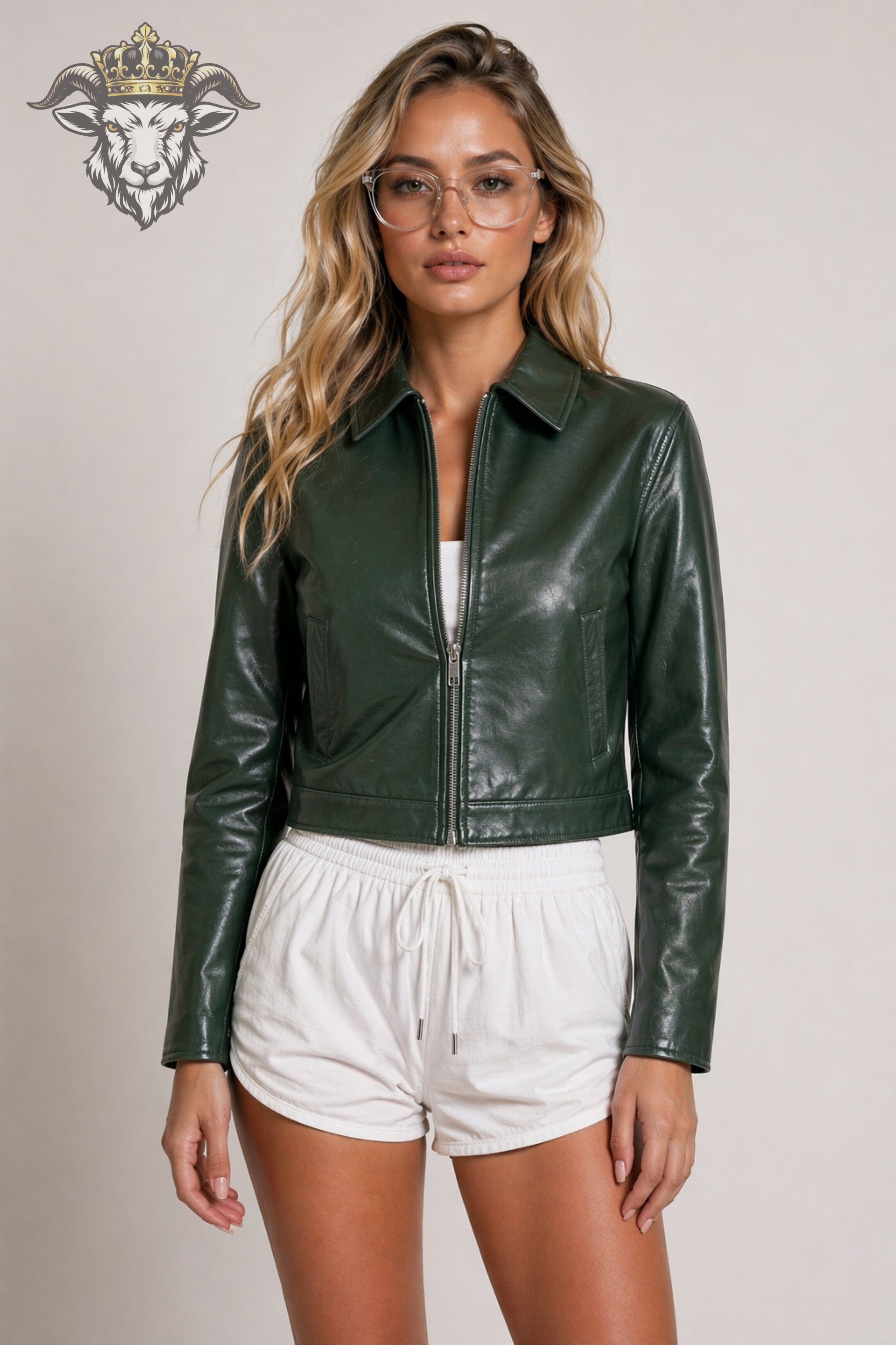 Women’s Green Real Leather Cropped Jacket