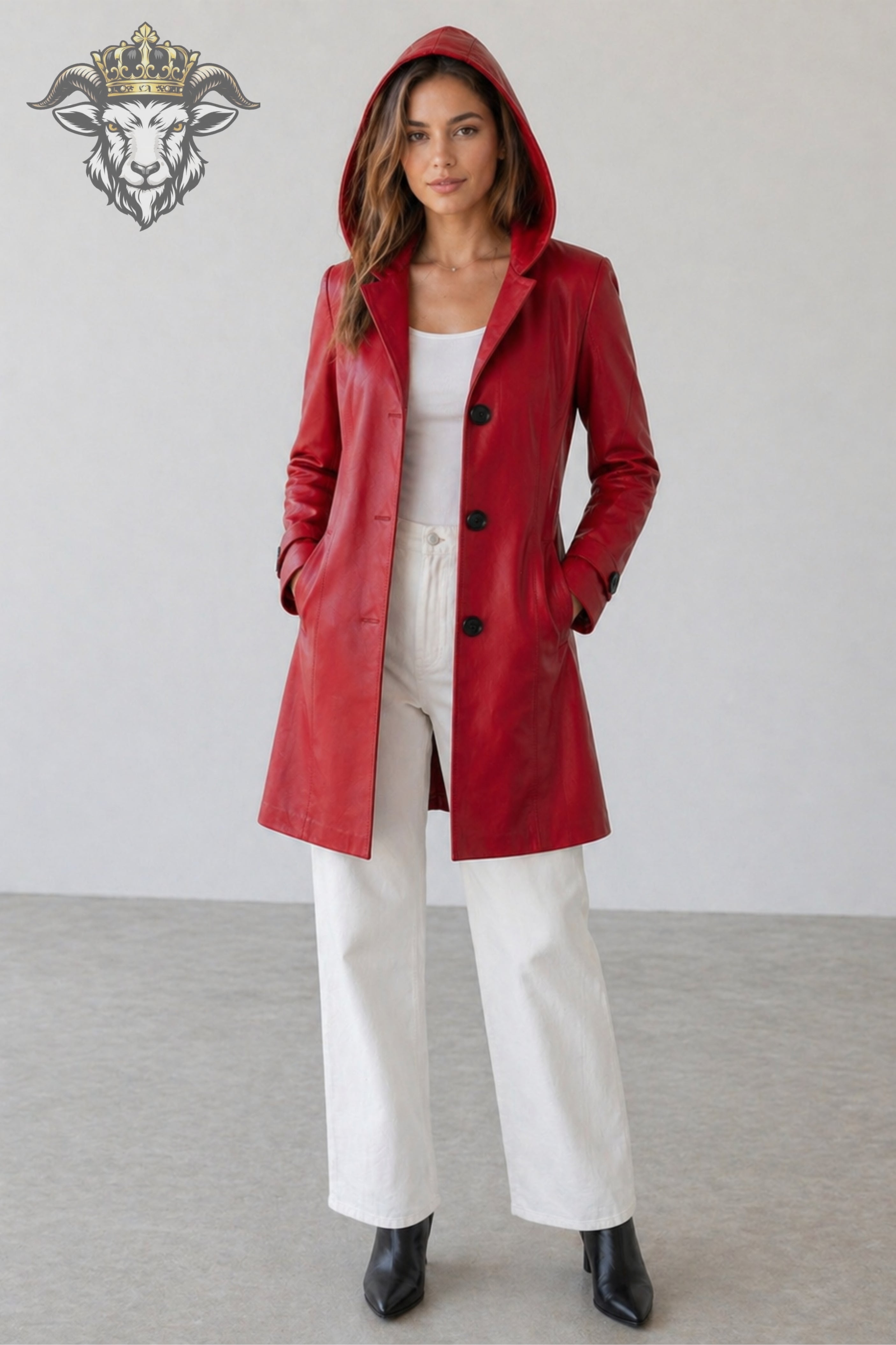Women’s Red Real Leather Hooded Coat