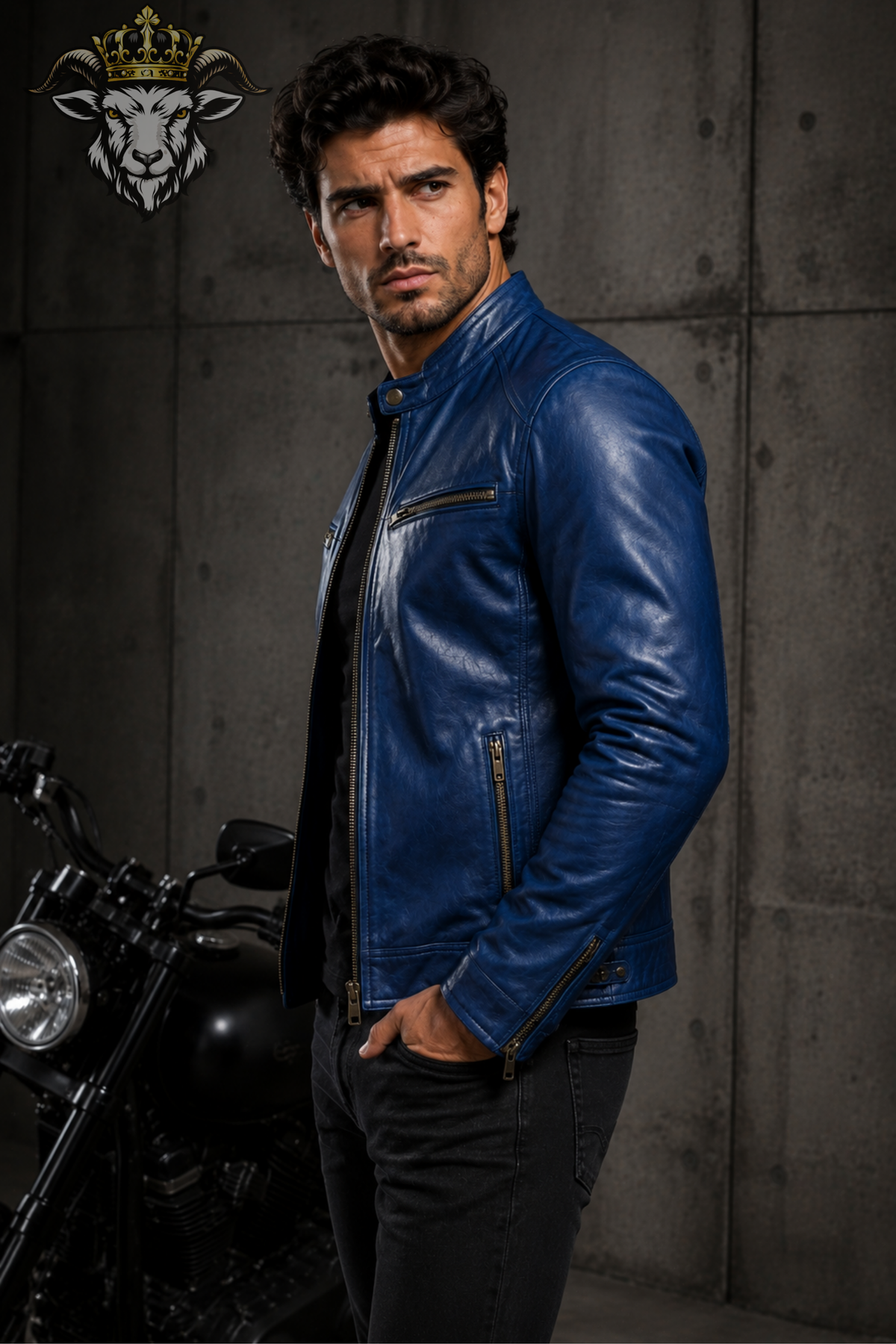 Men's Royal Blue Real Leather Biker Jacket – Slim Fit Motorcycle Jacket, Stand Collar Moto Jacket, Men's Blue Leather Coat